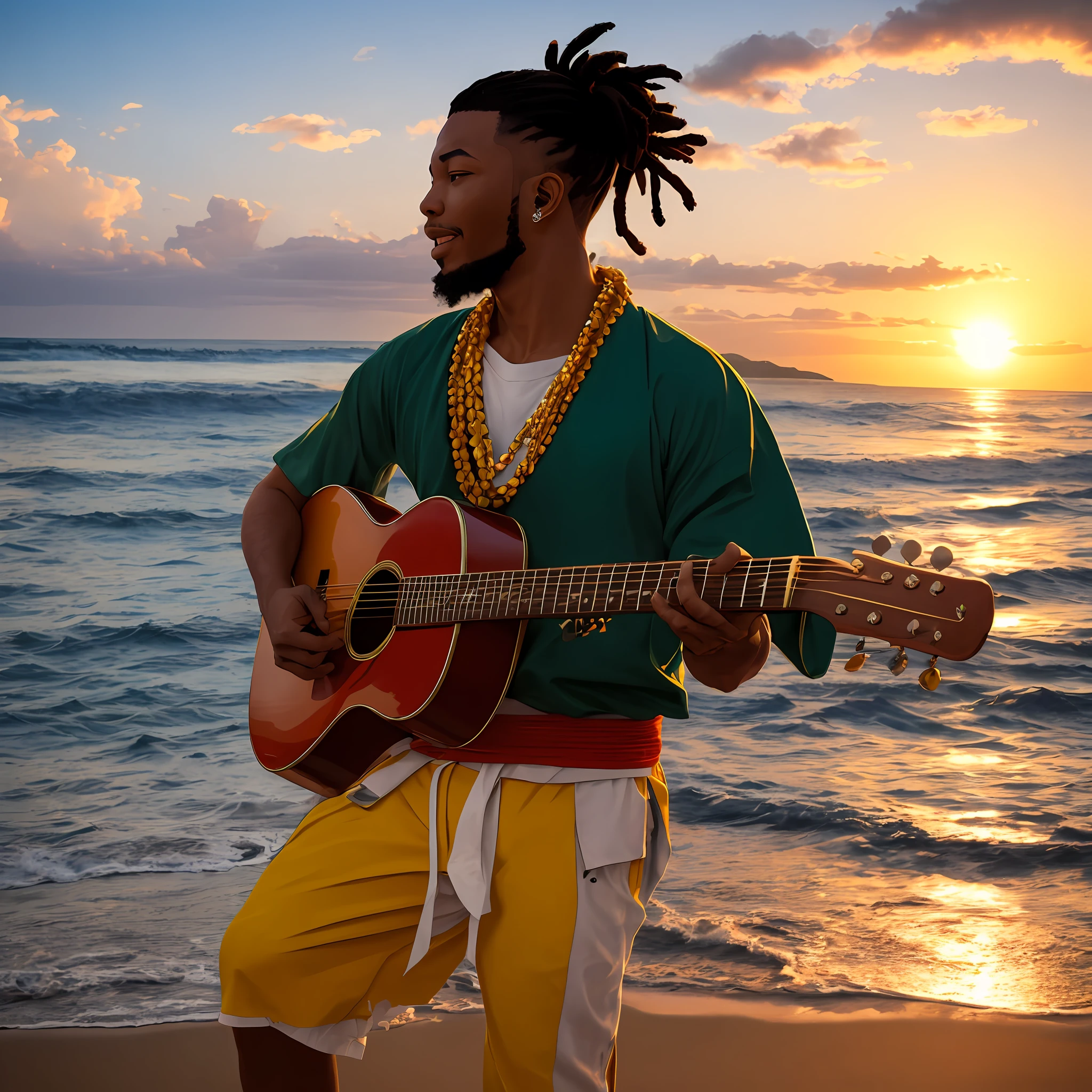 Male reggae artist with samurai hair、Twilight in the Shonan Sea at sunset。Reggae singing。 --auto