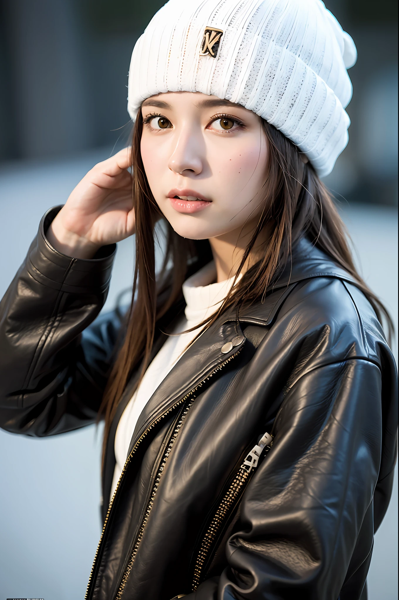 (
(8k:1.27), best quality, masterpiece, ultra highres:1.2) Photo of Pretty Japanese woman
 (beautiful:1.1) (sci-fi warrior woman:1.1) space soldier, (beanie:1.61) (leather jacket:1.21) intricate elegant, fantasy, detailed, ometric by greg rutkowski and alphonse mucha, gradient lighting