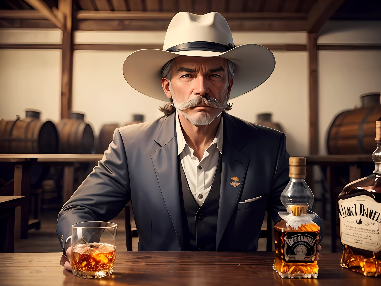 Jasper Newton Daniel (50 anos) (bigode denso) (cabelo, barba e bigode pretos) (apenas garrafa jack daniels) (white hat) drinking whiskey at the Jack Daniels distillery in Tennessee (barris jack daniels ao fundo)