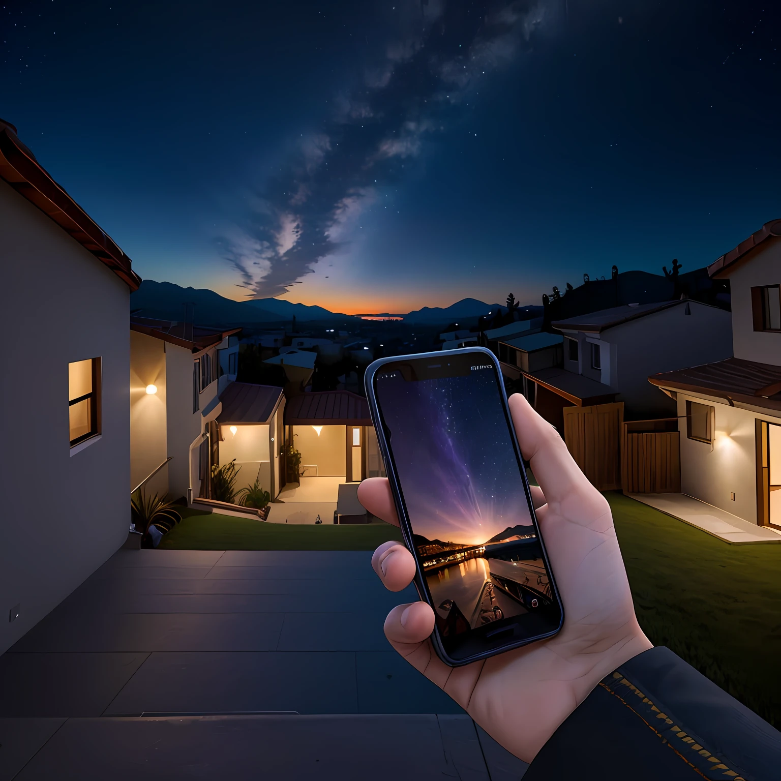 ((vista noturna, realistic lighting, best quality, 8k, master part: 1.3)), A male hand holding a modern cell phone is shown in the foreground, The cell phone is pointed at the sky, It's a moonless night, The sky is full of stars and few clouds, a cena se passa em um bairro suburbano, There's one more person on the scene pointing to the sky, In the foreground only the hand with the cell phone is shown.