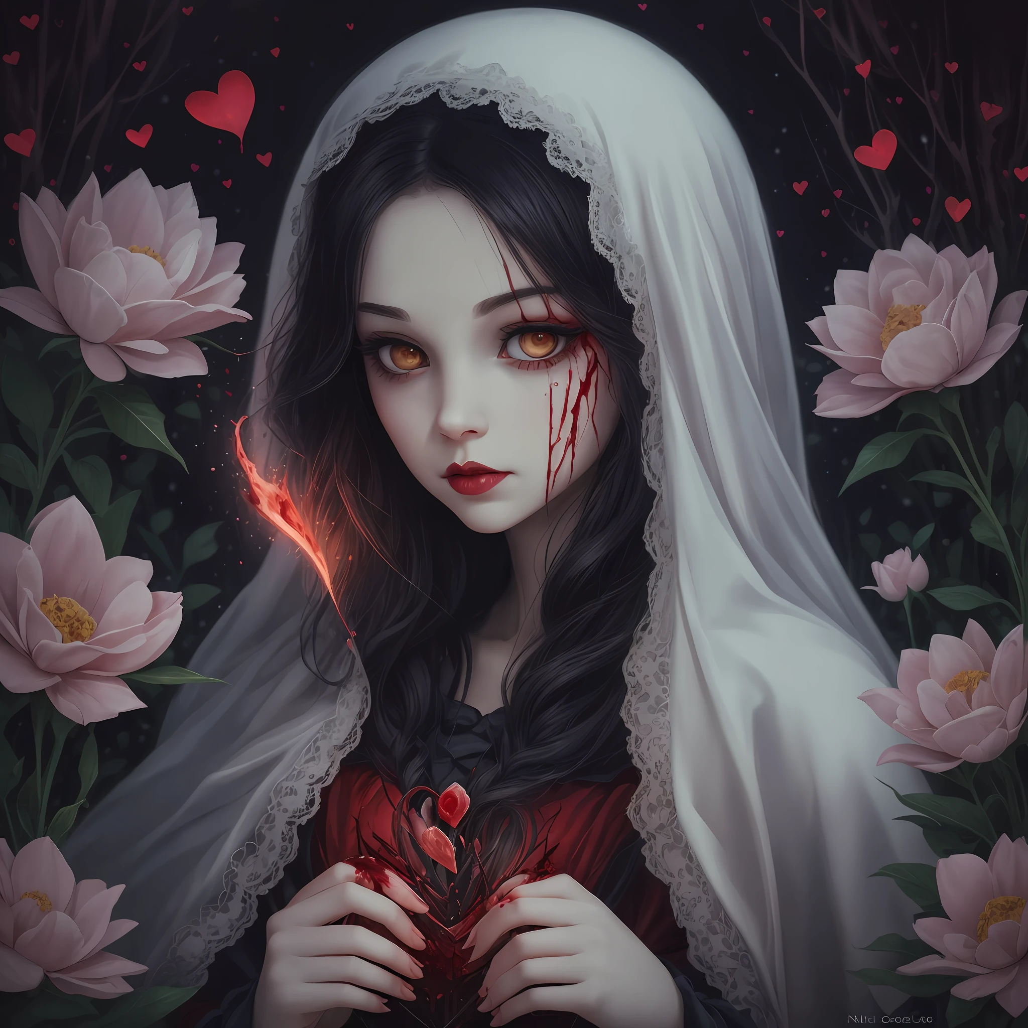 Snow White eats the bloody heart of the Evil Queen, bloody, gory, scary, 4k, 8k, wide angle, flower field background, 1300s, nicoletta ceccoli, mark ryden, twilight hour --auto --s2