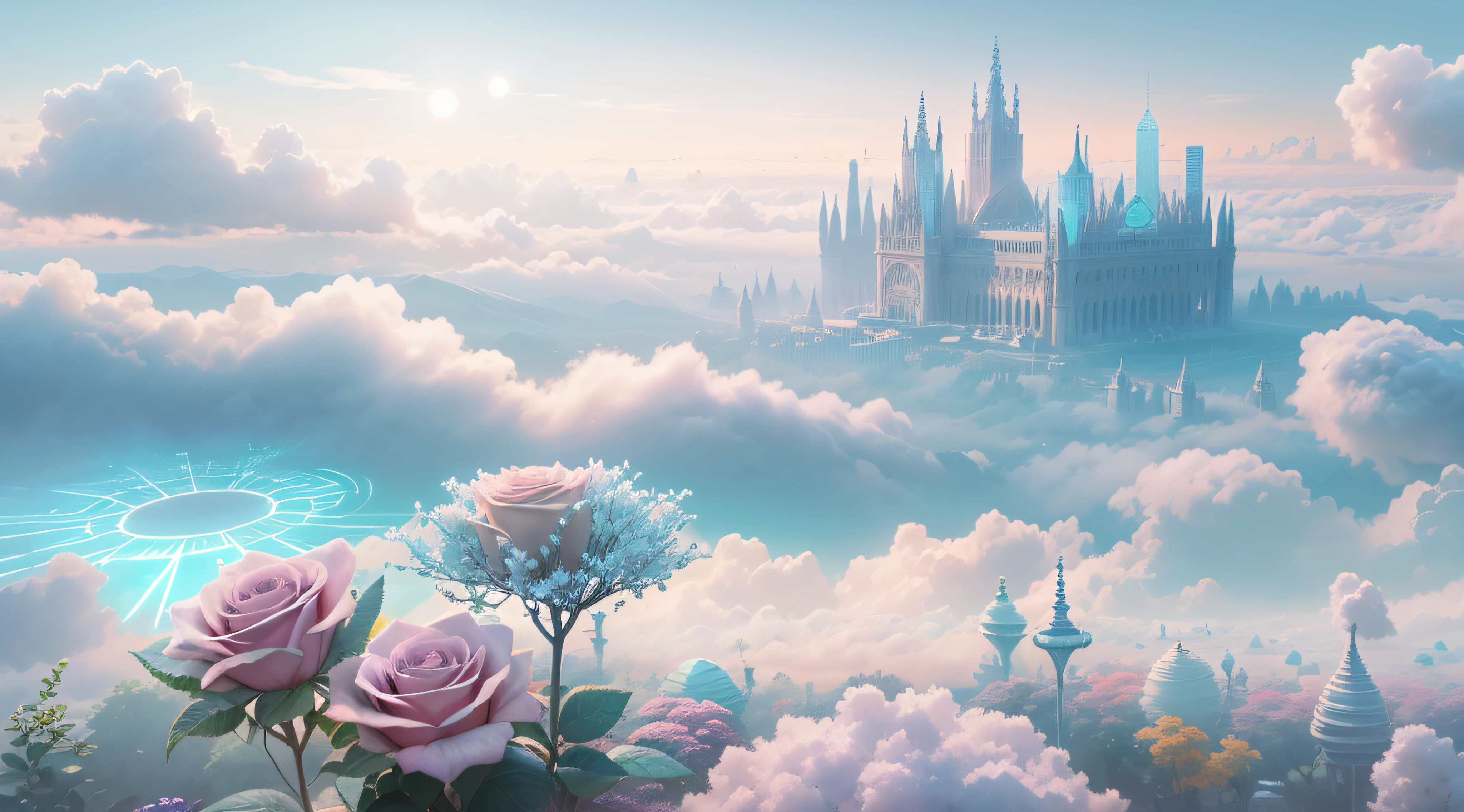 in the early morning,Crystal Palace in the clouds,the pale blue sky,Cyan clouds,Crystals grow round roses,Tyndall effect,Eliseo H.Zubiri和lan Fisher,cgsociety,vary,Maxwell,Ultra-wide lens,4k