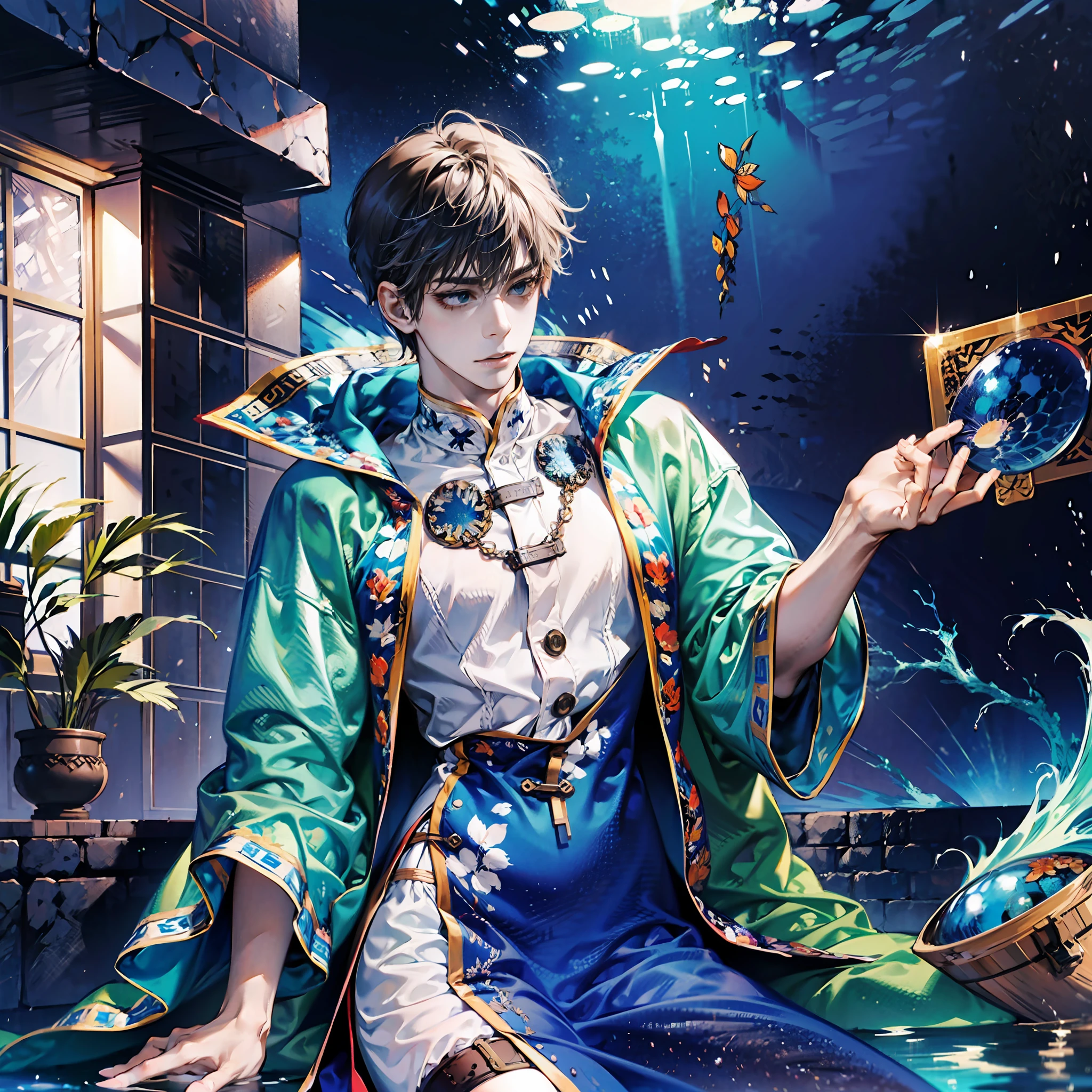 An adult male lies in bed,legs are open,full bodyesbian,Clothes are soaked,Blue tones,Goldfish float in the air,Water