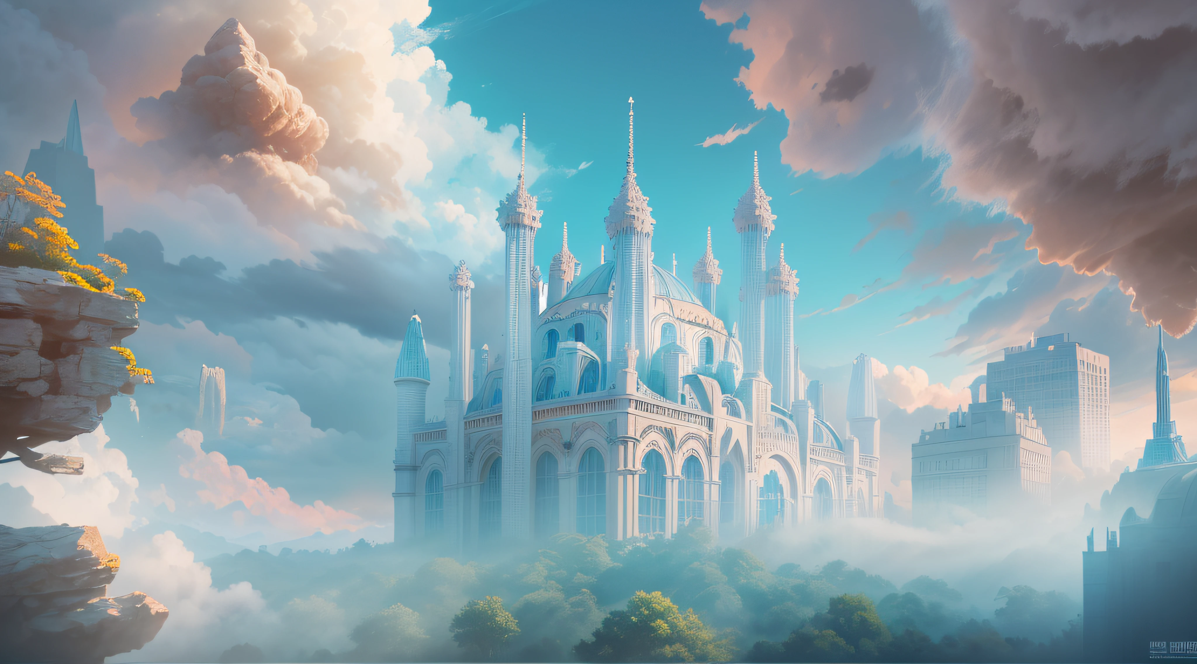 in the early morning，Crystal Palace in the clouds，the pale blue sky，Cyan clouds，Crystals grow round roses，Tyndall effect，Eliseo H.Zubiri和lan Fisher,cgsociety,vary,Maxwell，Ultra-wide lens，4k