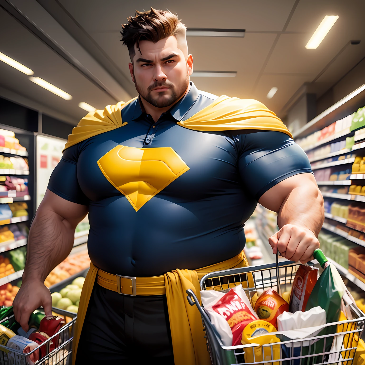 Create an extraordinary 3D superhero illustration that embodies the transformation of a supermarket manager into a true hero! Design a stylized character with a yellow cape against a chroma key type background. This confident and determined male hero, portrayed as fat and white, should be depicted holding a shopping basket overflowing with groceries, symbolizing his commitment to serving the community. Utilize the power of 3D rendering to bring this artwork to life in stunning 8K resolution, capturing every meticulous detail and immersing viewers in the journey of this remarkable supermarket manager turned hero. --auto