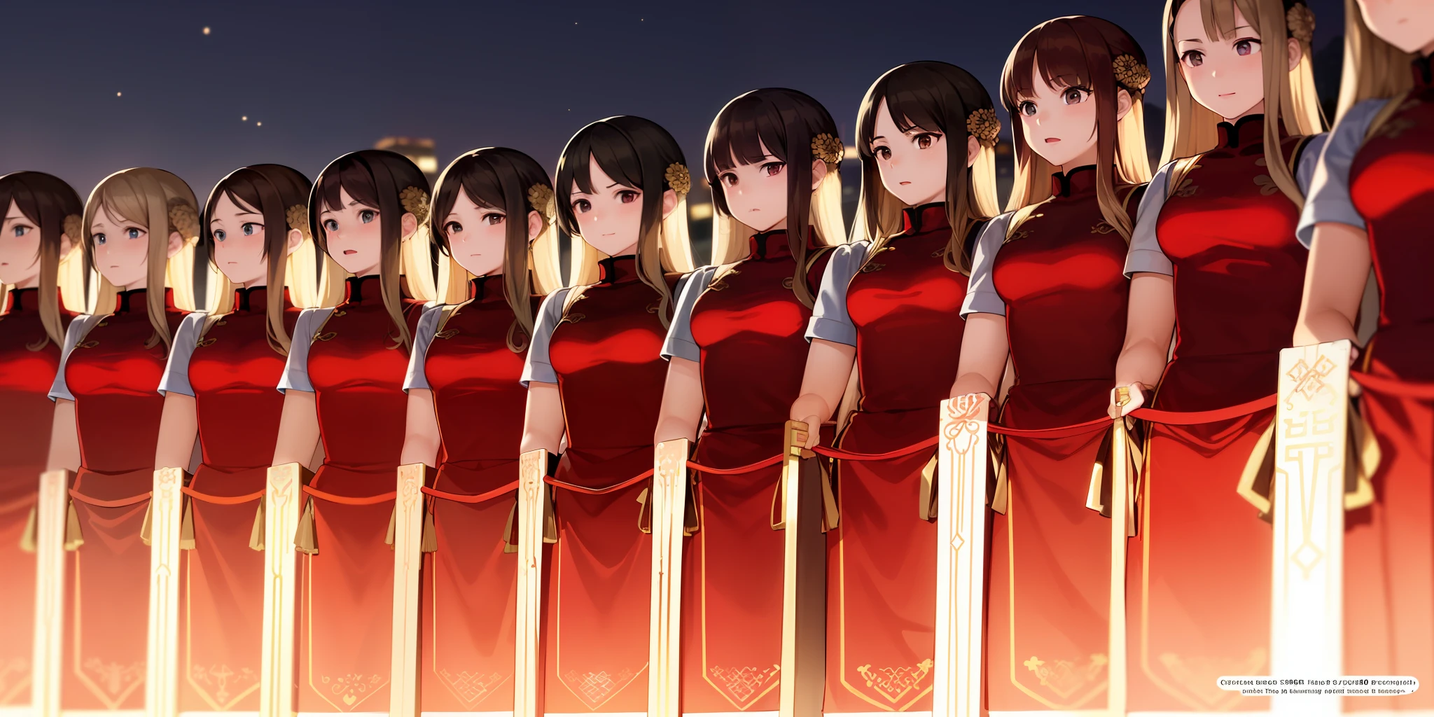 ((Thousands of, millions of, crowd of)), 100girls,crowded, long hair, brown hair, curly hair, hazel eyes,chinese dress, red dress, sleeveless, sexy, large group of girls, girls standing in formation, only girls, sisters, identical dresses, matching dresses, looking at viewer