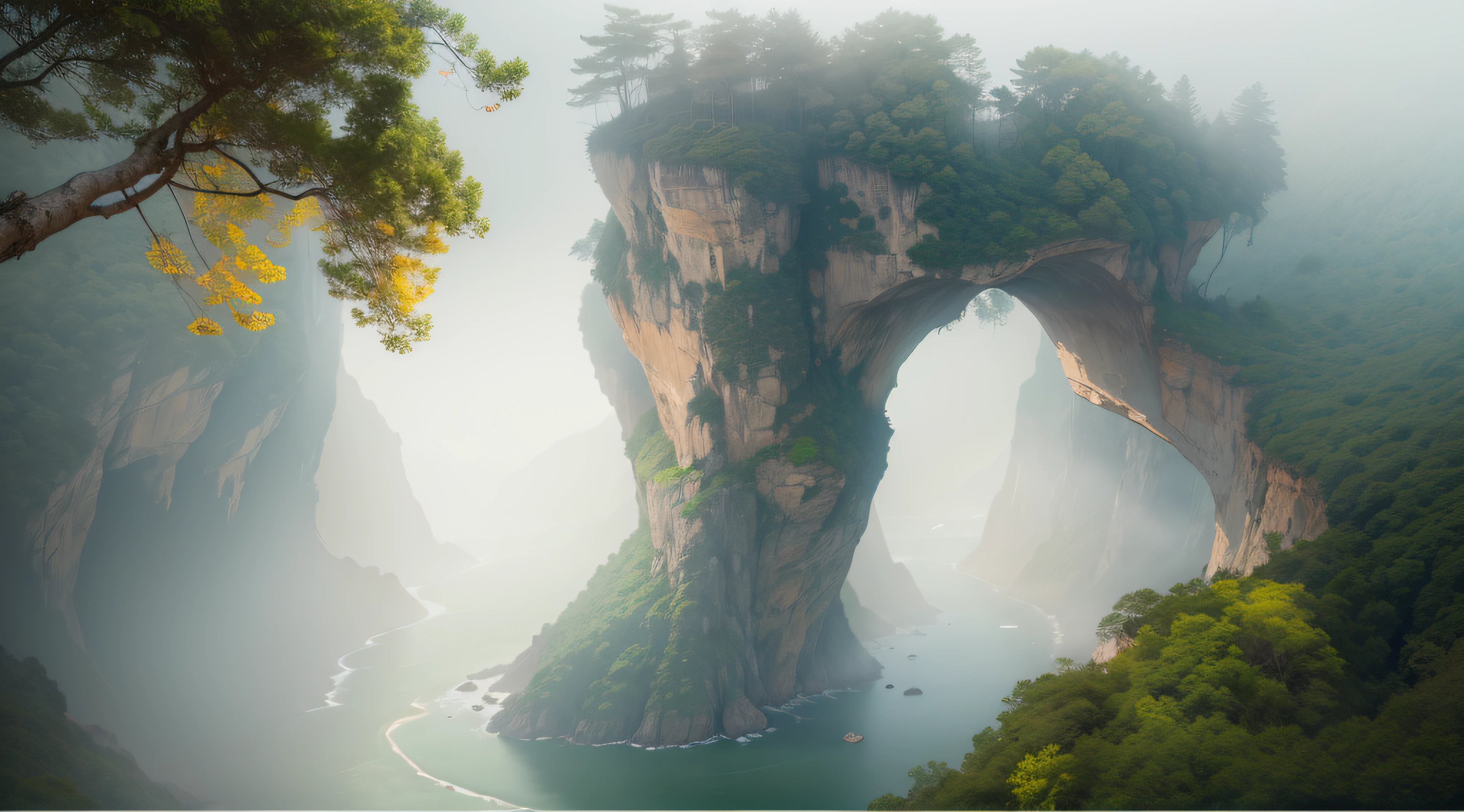 The morning fog is thick:in the early morning,A thin layer of mist rose from the sea,It gently permeates the perimeter of the cliff,It gives a mysterious and tranquil feeling。The vegetation on the cliffs became hazy and soft under the morning mist,A piece of greenery comes in。Sunlight shines through the gaps in the mist,Creates beams of soft light,It makes you feel like you are in a fairytale wonderland。 Beautiful、heal、Scenic blockbuster、Eye protection、freshen、great outdoors、wonderland、wide angles、Leica、ultra-clear、Bright light