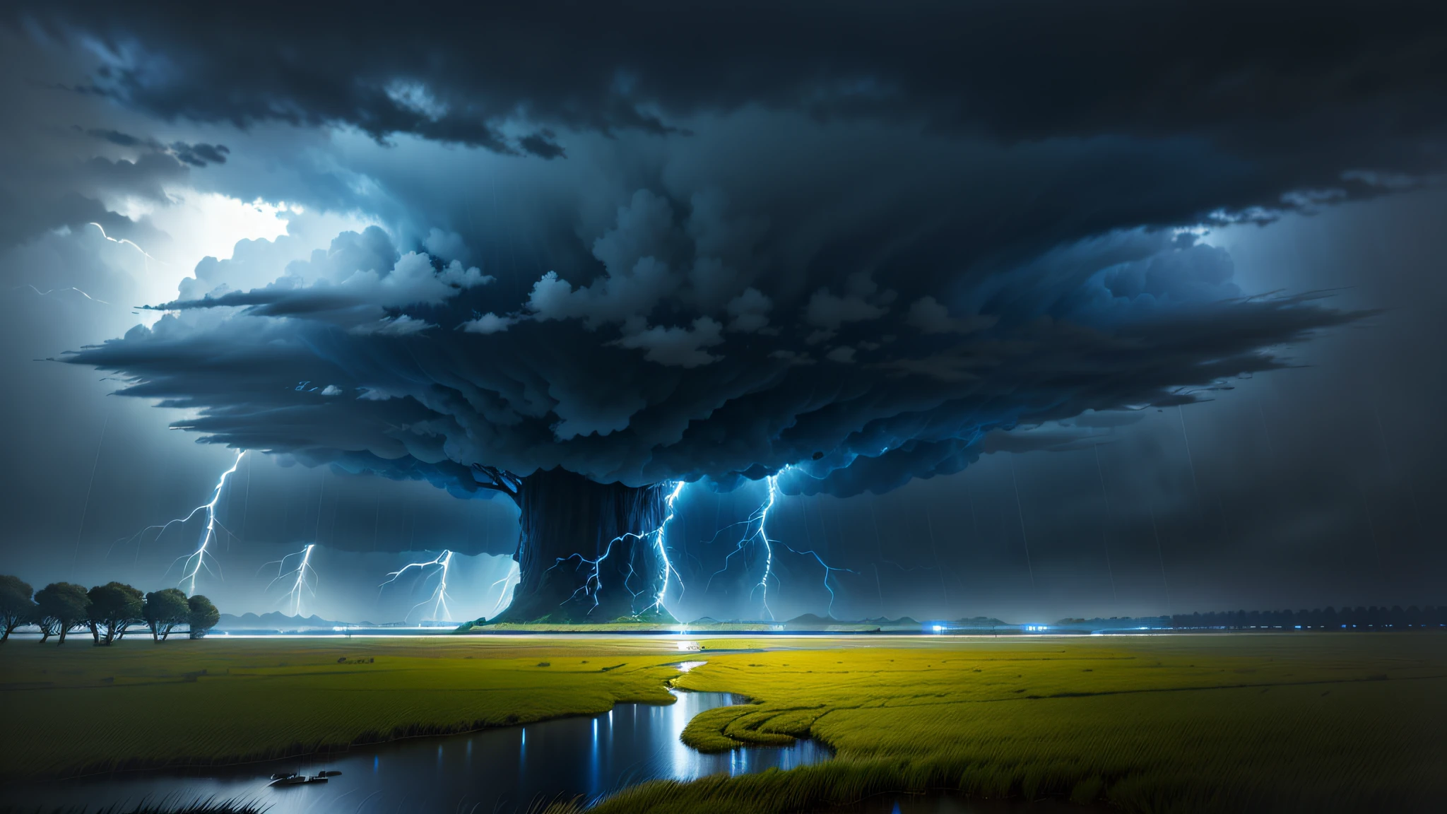 High quality, master quality, 4k, midnight rain, highly detailed, thunder storm, dark stormy clouds, rushing wind, plain grass landscape, wet lands, few giant trees, even lighting, dramatic lighting, anime style