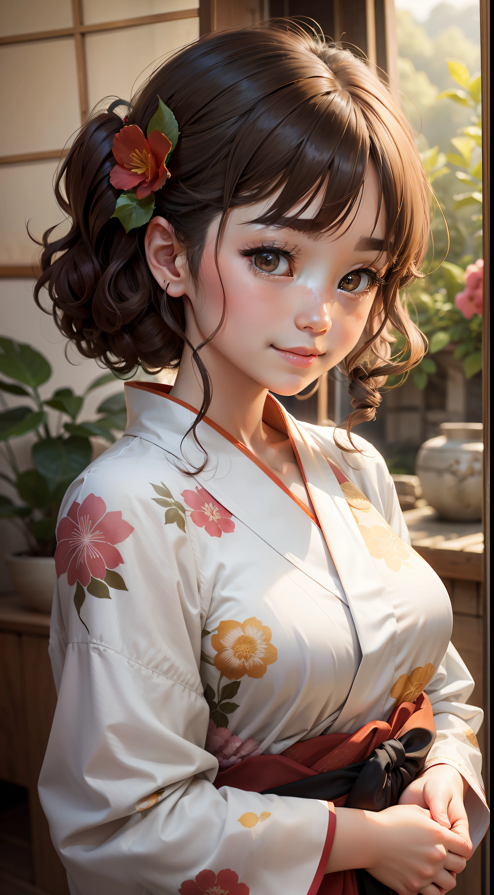 (8K、top-quality、masterpiece:1.2)、(reallistic、Photorealsitic:1.37)、The ultra-detailliert、girl with、cute little、(A smile:1.1)、beautidful eyes、(Brown hair、Curly hair、Twin-tailed)、shrines、Yukata with orange floral pattern on white fabric、valley、full bodyesbian、、Innocent