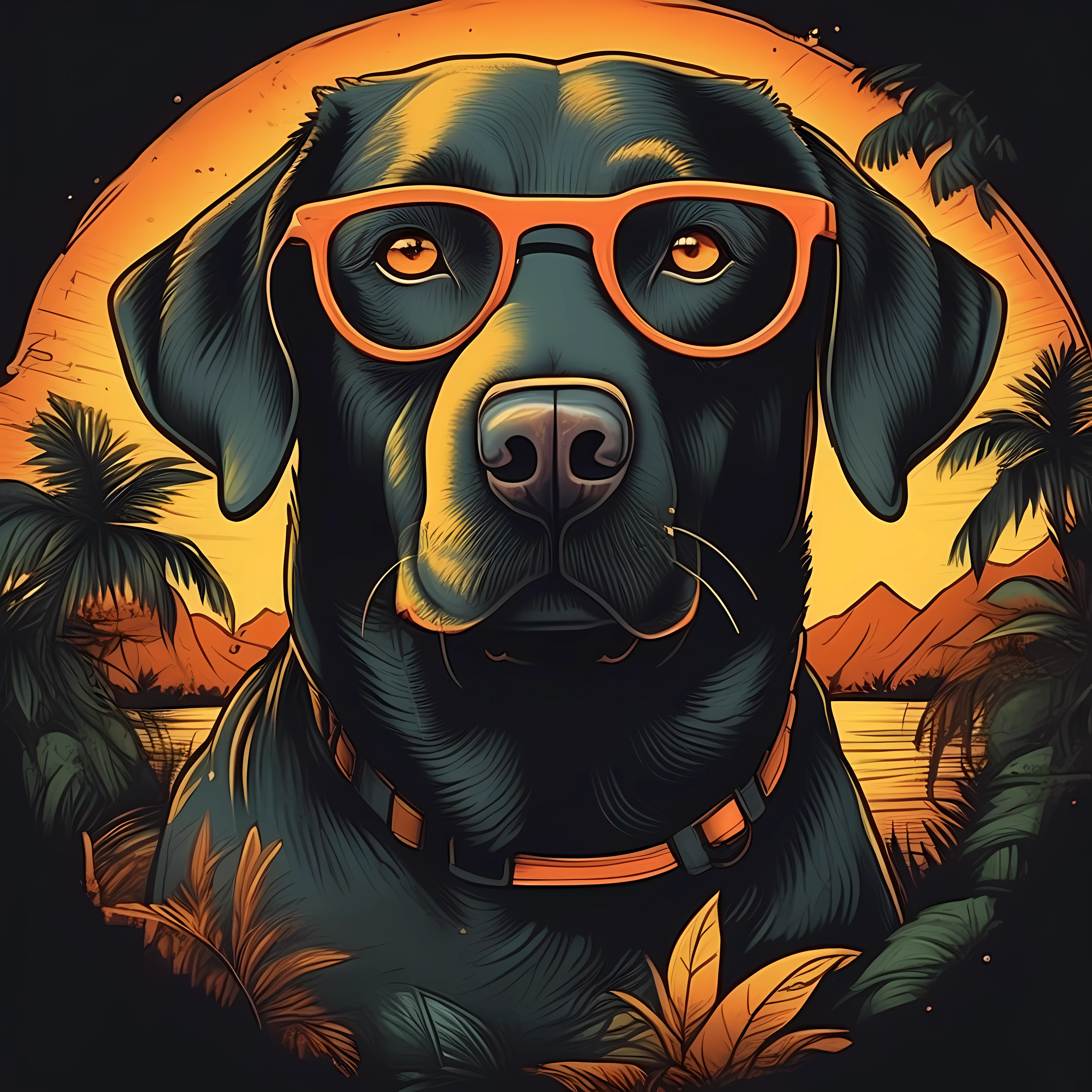 A Labrador with a glasses T-shirt design, Bonfire against the jungle with sunset, Design circular, borda circular, wide view + caneta colorida e tinta, illustration, DESIGN PLANO, sem sombras, Realistic, 8k, cinemactic, Atmospheric, Epic composition, cores vibrantes, tonalidades coloridas, natural lighting, black background --no watermark