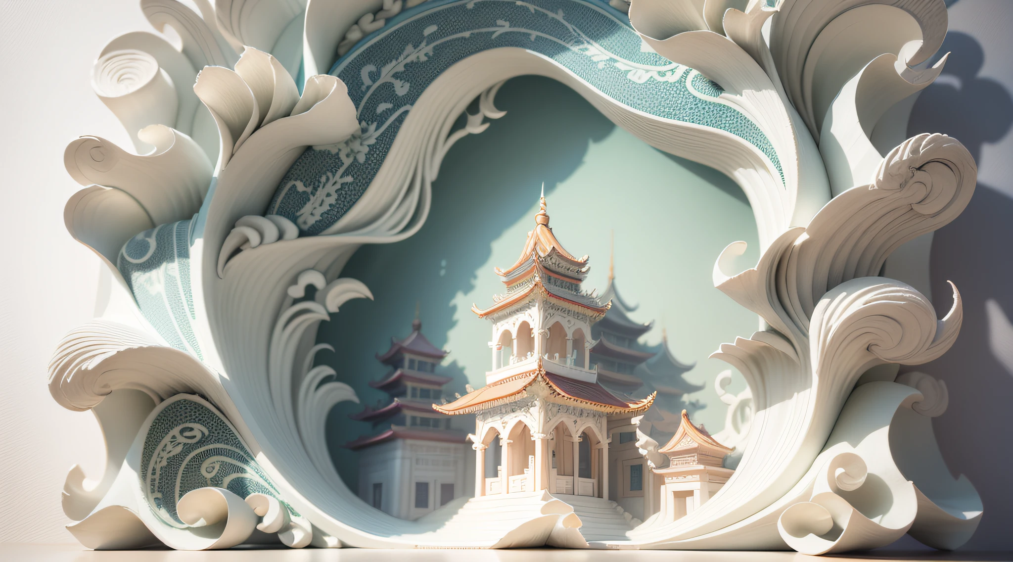 3D white relief, meticulously carved, white ivory carving, chinese illustration on white background, pastel, traditional chinese style, oriental landscape painting, multidimensional paper fog crafts, paper illustration, super wide angle view, dream, 8k, romantic, high resolution, 8k