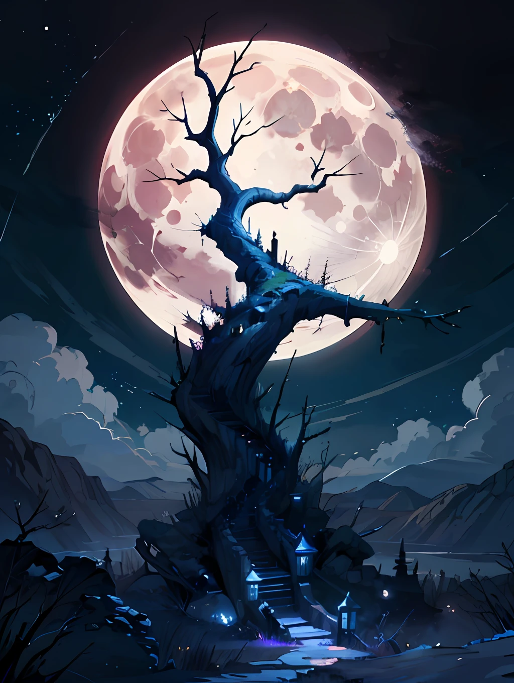 Night time, twisted old ruin tree, dark midnight forest, pabel,rock, dried tree, spooky vibe, moonlight scenary,mesmerizing view,,digital painting, starry sky,moon,wind up,concept art, illustration,