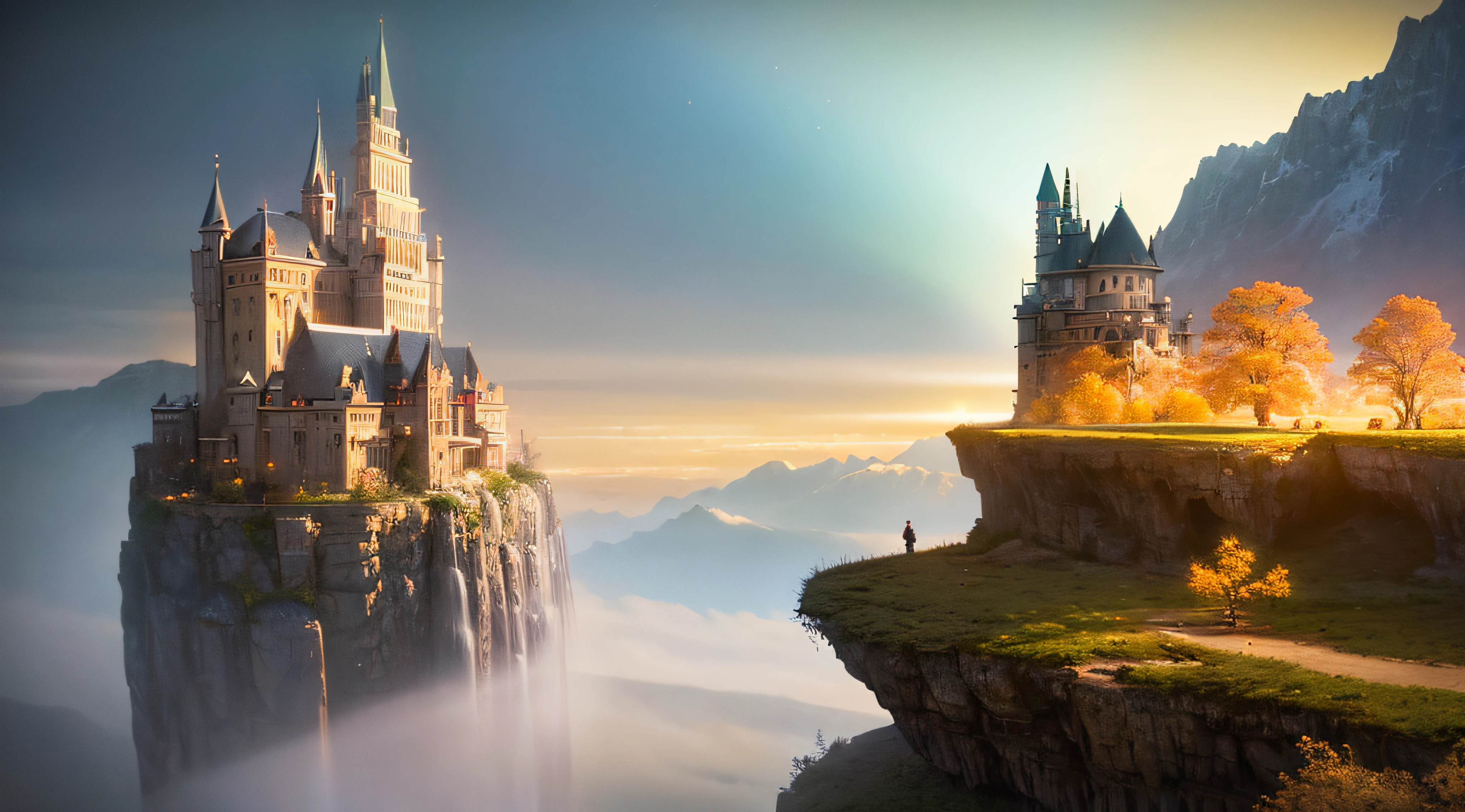Epic CG matte painting，Micro-distance shooting，onthe mountain，bru，bru，gold leaves，spark of light，natta，Winters，HD picture，matte painting，Maya rendering，Thomas kinkade,James gurney，art  stations