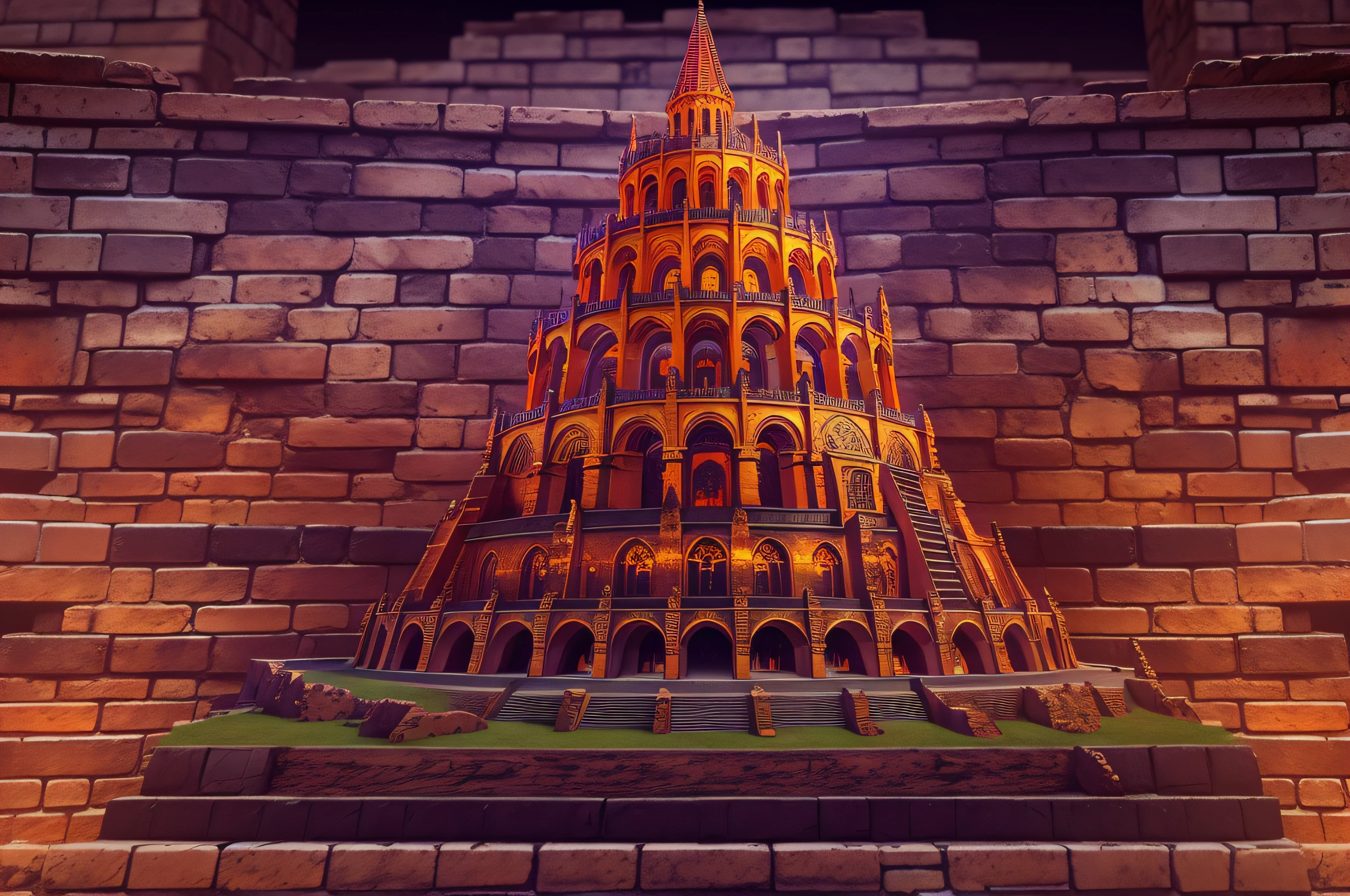 Tower of Babel, burnt amber, deep colors, fluorescent colors, acidwave, byzantine, evil theme, romanticism, wonderland, brick, droste effect photography, landscape photography, 3d, dark fantasy, native art
