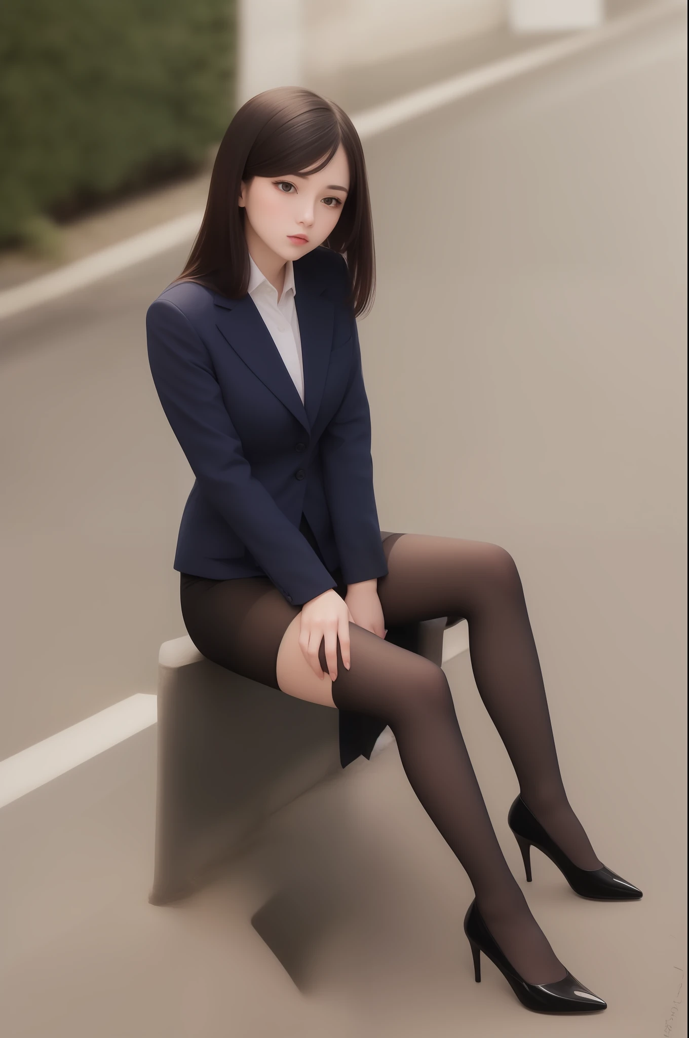 Best quality, full body portrait, delicate face, pretty face, 25 year old woman, slim figure, small bust, OL uniform, office clothes, black stockings, outdoor scene, sitting position