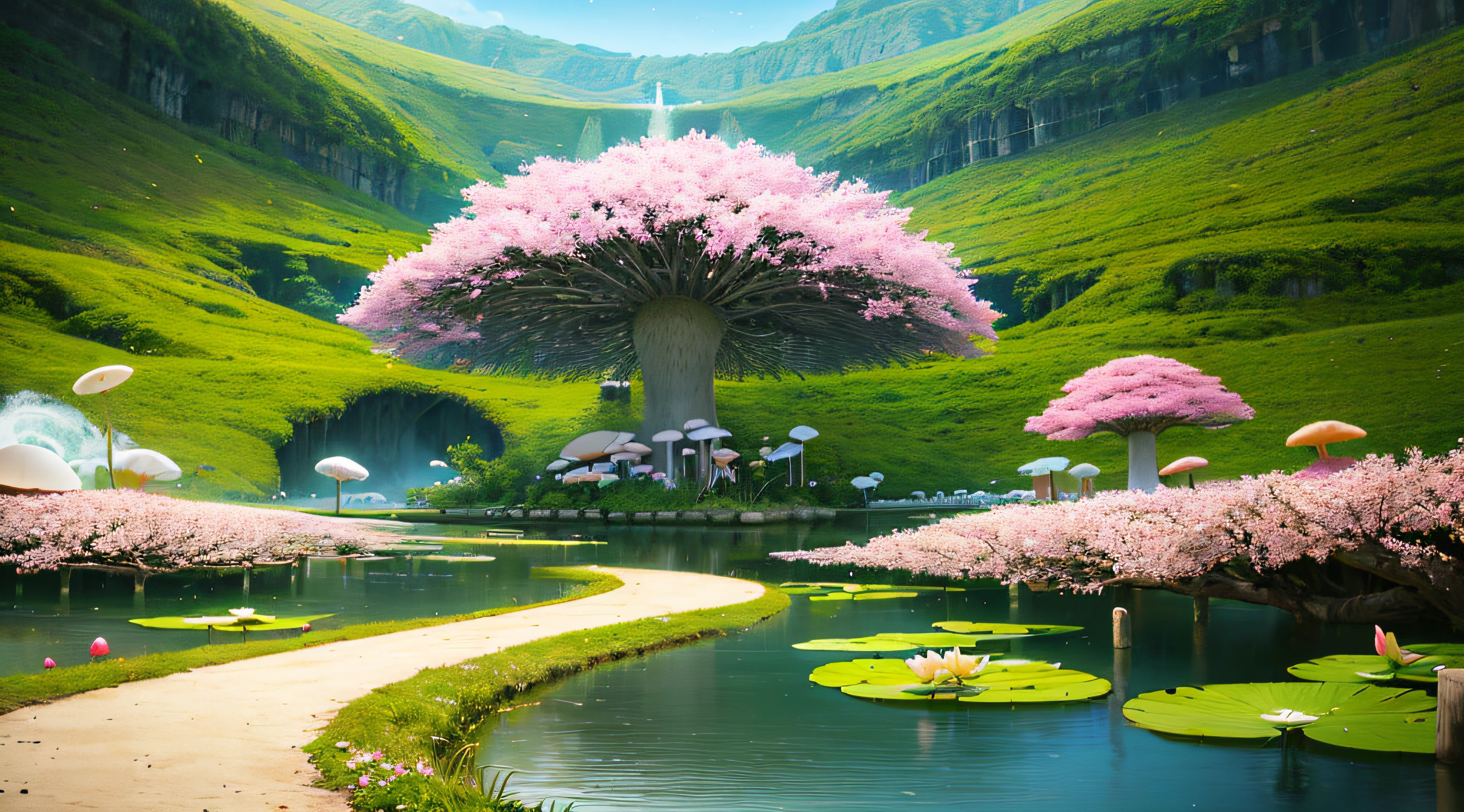 A beautiful painting, wide view, on the island, cherry blossoms, lotus flowers, giant waves, mushrooms, morning, light effects, early morning, summer, Unreal Engine, Beeple, Ayu, art station