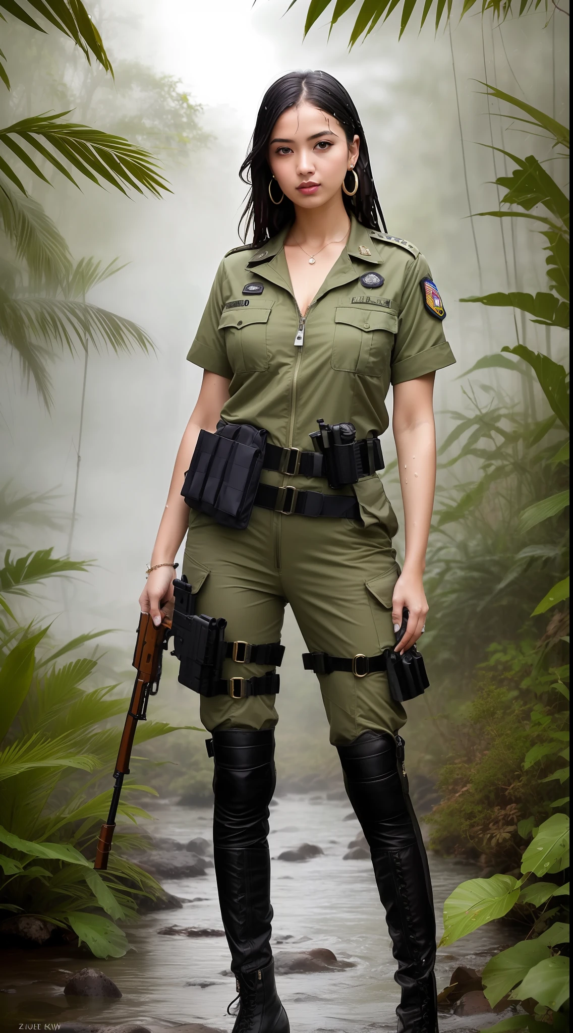 Full body photo of (emaciated:1.3) female jungle commando, (blonde:1.1), 25 years old Indian girl, black, bullet proof vest, (earrings, zippers, spikes, pistol holster, sniper rifle, bandaleer, bullet belt pocket, bullet belt, sunglasses:1.2), (wet:1.2), random hairstyles, army woman, (military gear:1.3) dark, gritty, gloomy, militaristic, (looking_at_viewer:1.3), solo, rainy, bokeh, dramatic lightning, (jungle background:1.2), abs, highly detailed, masterpiece, best quality, 8k, beautiful face, beautiful body, (oily skin, cell-shaded:1.3), colored line art, big breasts, curvy, feminine curves, dynamic pose, (art by Maciej kuciara:1.15), art by Greg Rutkowski, photoshoot from random angles, uhd