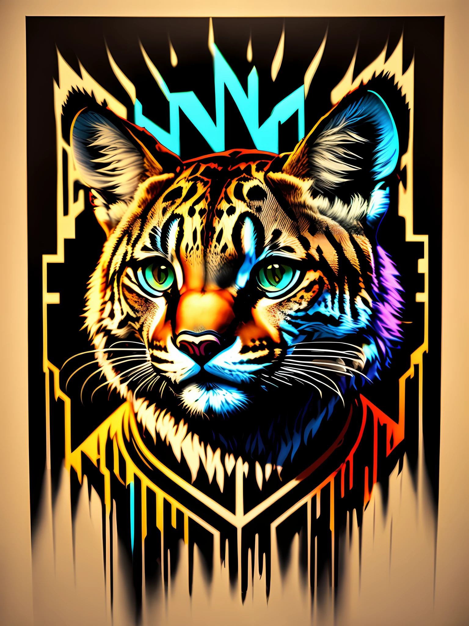 gros plan du visage d'un chat sur fond noir, Hyperbeast pattern, colorful graffiti, jeune lynx, iridescent illustration, fierce appearance, saignement de couleur, cri de guerre, art informatique, fierce expression, miaou, caricaturiste animalier, néotribal, cougar, magnifique rendu 3D, lynx
