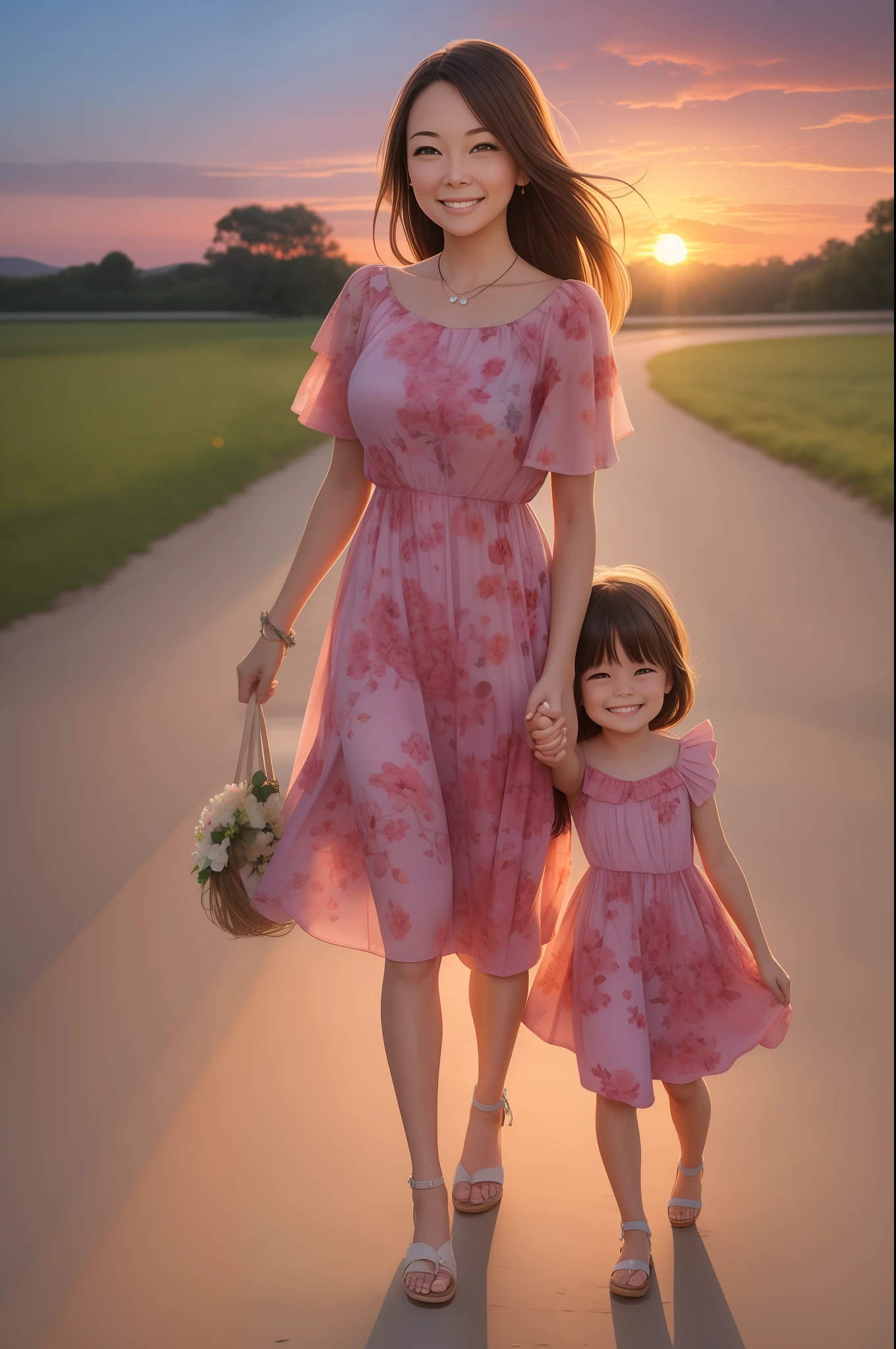 Mom and daughter are smiling and holding hands, with a beautiful sunset in the background. They have similar features and are wearing matching dresses. Love and happiness radiate from their faces.
