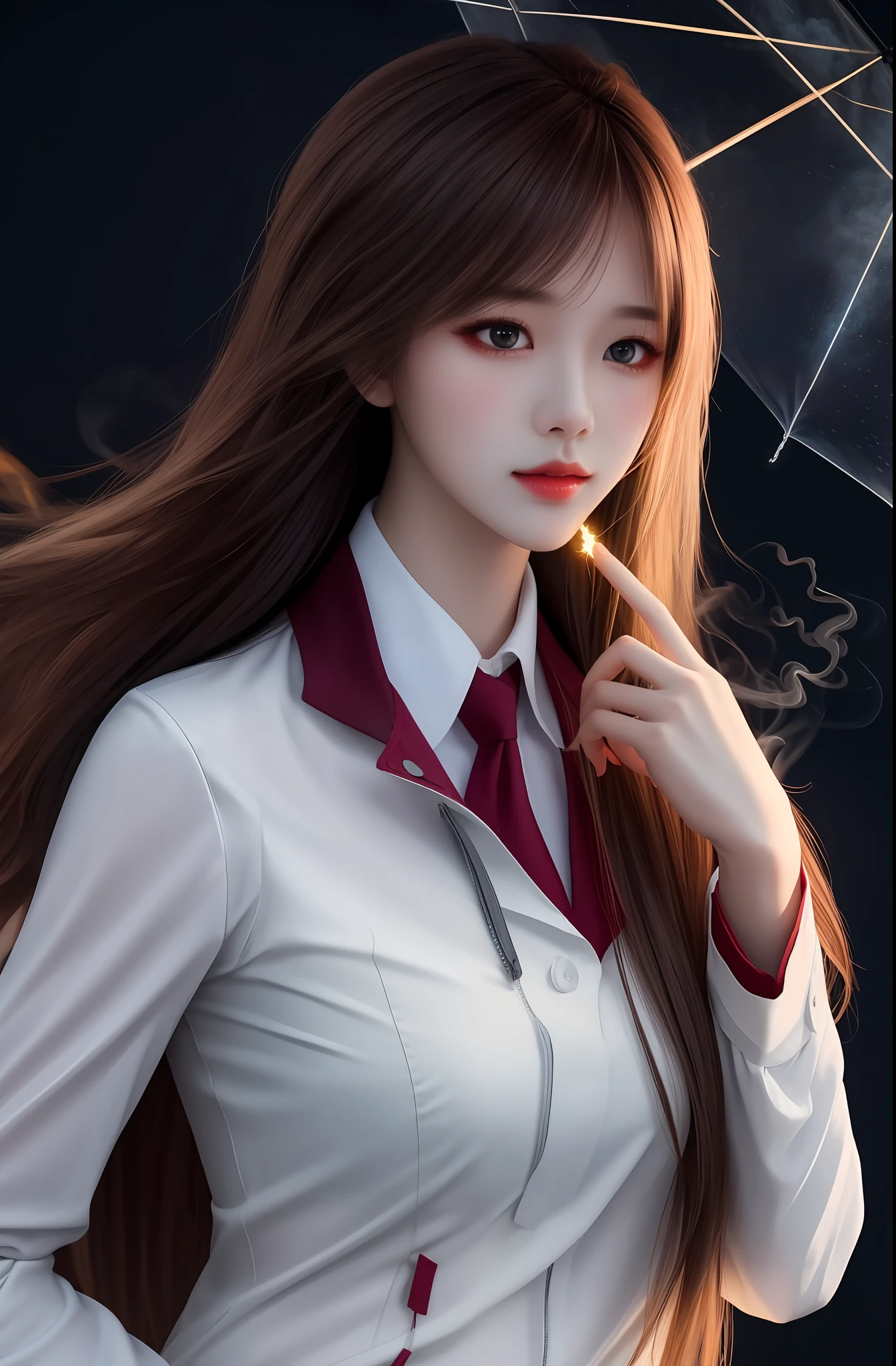 Masterpiece, top quality, blue lightning, realistic, realistic detail, high detail. a girl, colorful cloth, beautiful, cute, long hair, medium breath, brown hair, smoke background, clouds, rain, very high quality,