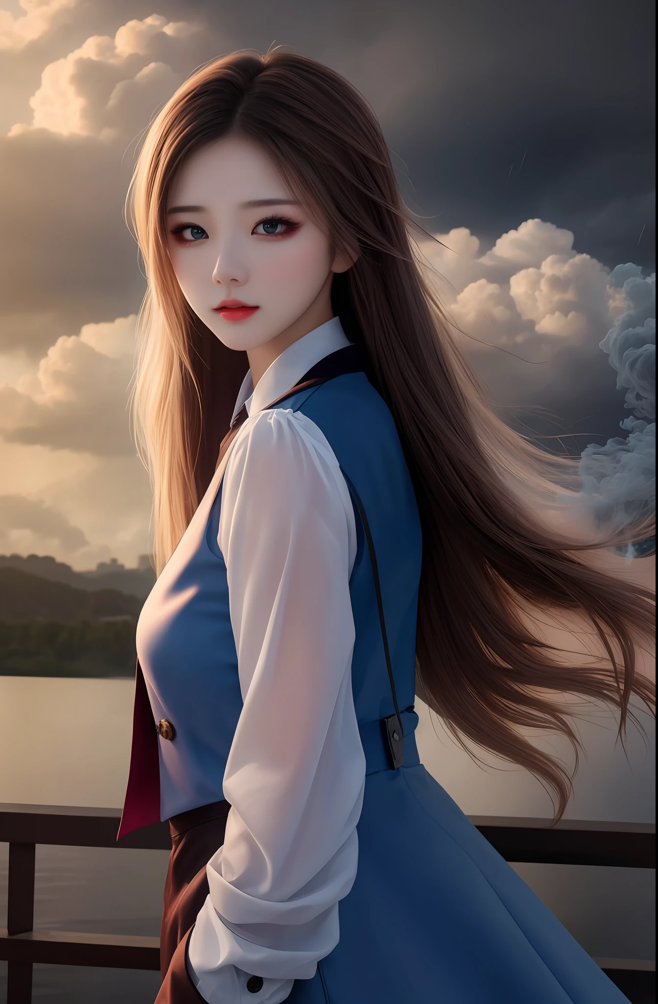 Masterpiece, top quality, blue lightning, realistic, realistic detail, high detail. a girl, colorful cloth, beautiful, cute, long hair, medium breath, brown hair, smoke background, clouds, rain, very high quality,