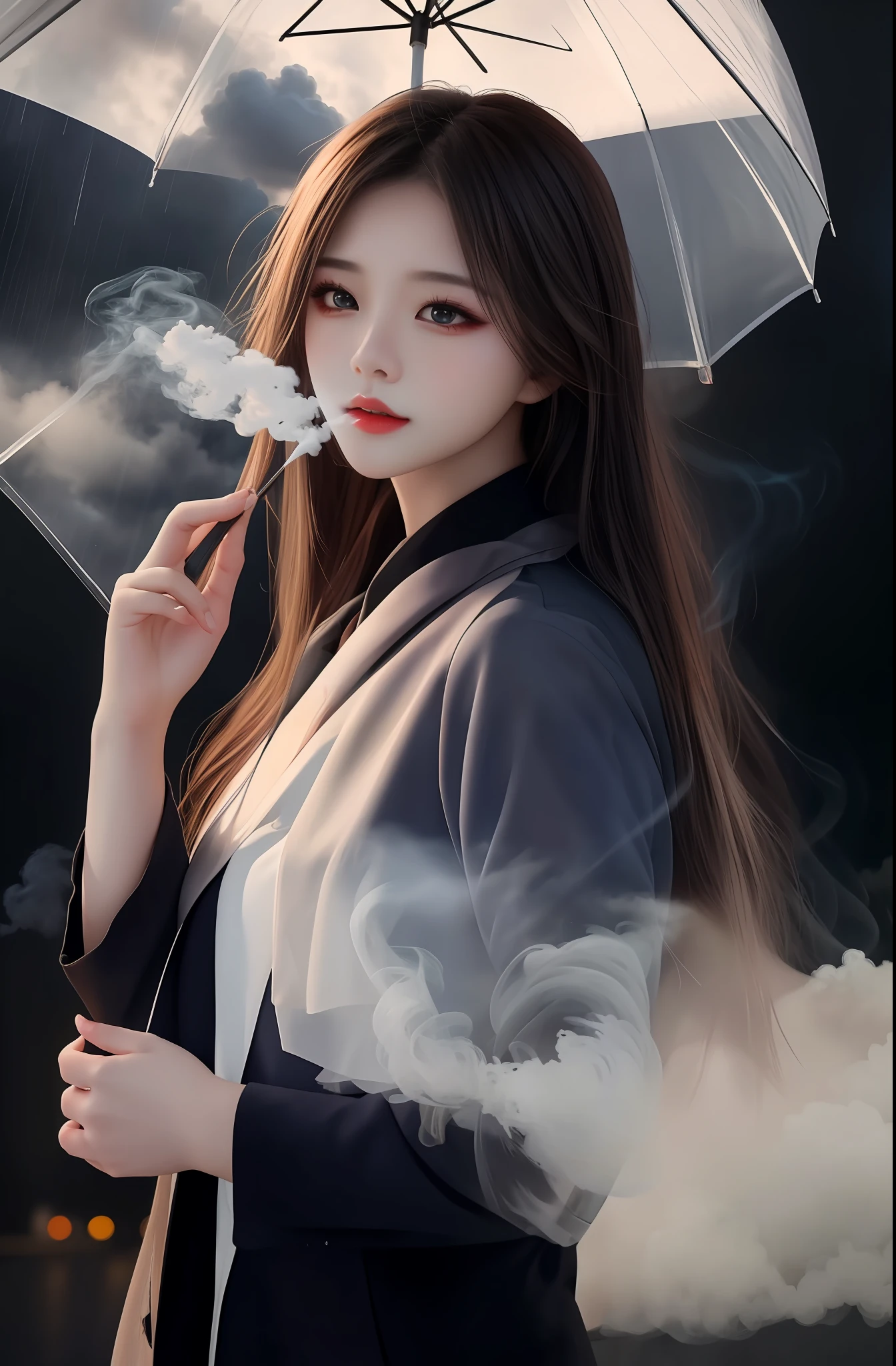 Masterpiece, top quality, blue lightning, realistic, realistic detail, high detail. a girl, colorful cloth, beautiful, cute, long hair, medium breath, brown hair, smoke background, clouds, rain, very high quality,