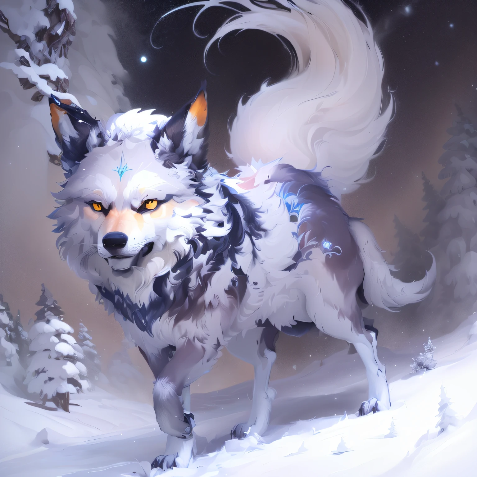 pintura de um lobo na neve com uma floresta nevada ao fundo, arte peluda muito bonita, arte de fantasia peluda, Arte de Silverfox, arte digital detalhada bonito, anthropomorphic wolf, lobo peludo, arte fursona, raposa branca - cabelo, Directed by: Ryan Yee, an anthropomorphic wolf, Arte conceitual de inverno, Kitsune Three - Raposa de cauda --auto