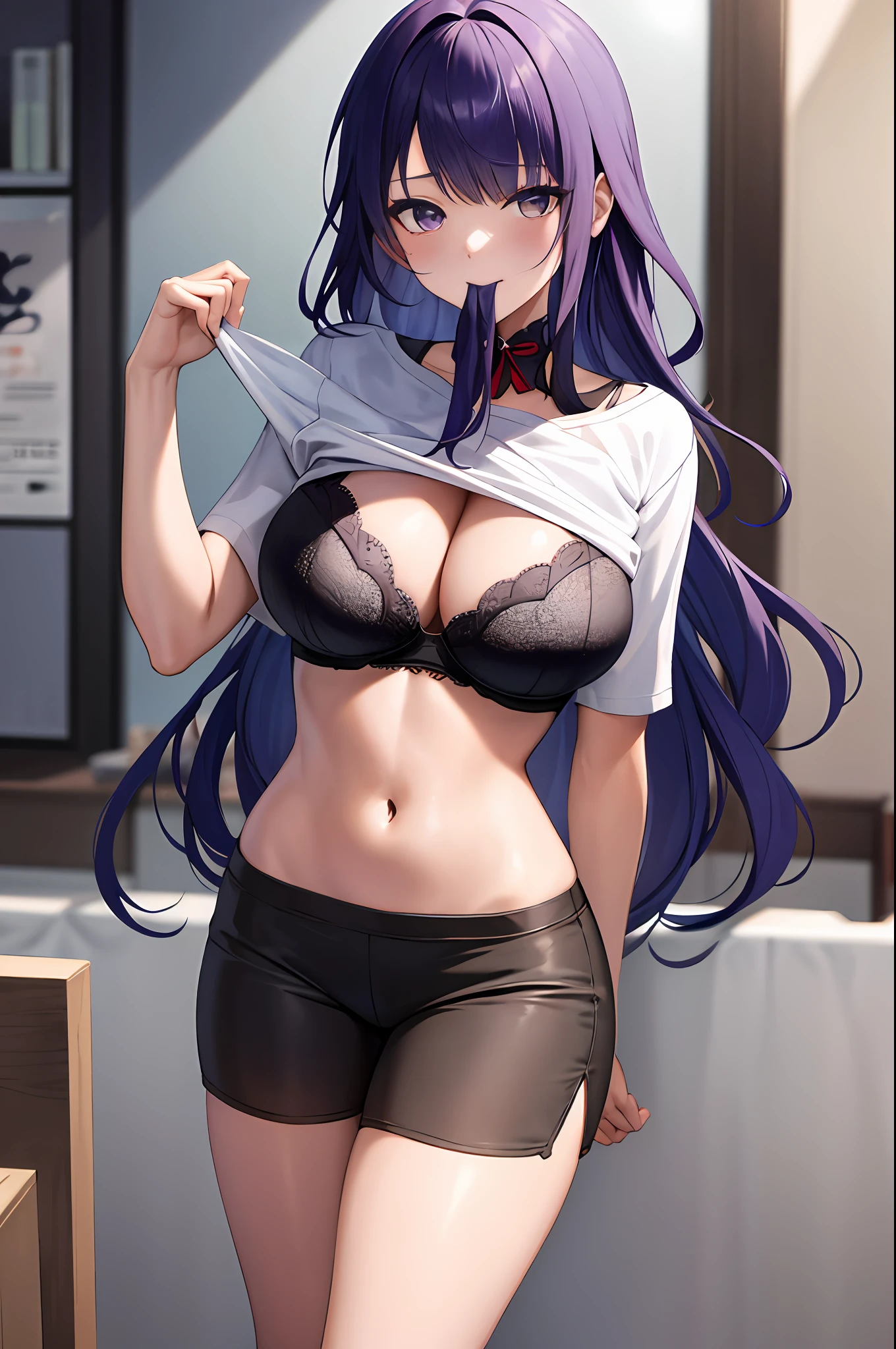 1Raiden shogun, large breasts,clothes in mouth, cleavage, navel, t-shirt, ((bra)),clothes lift, shirt in mouth,