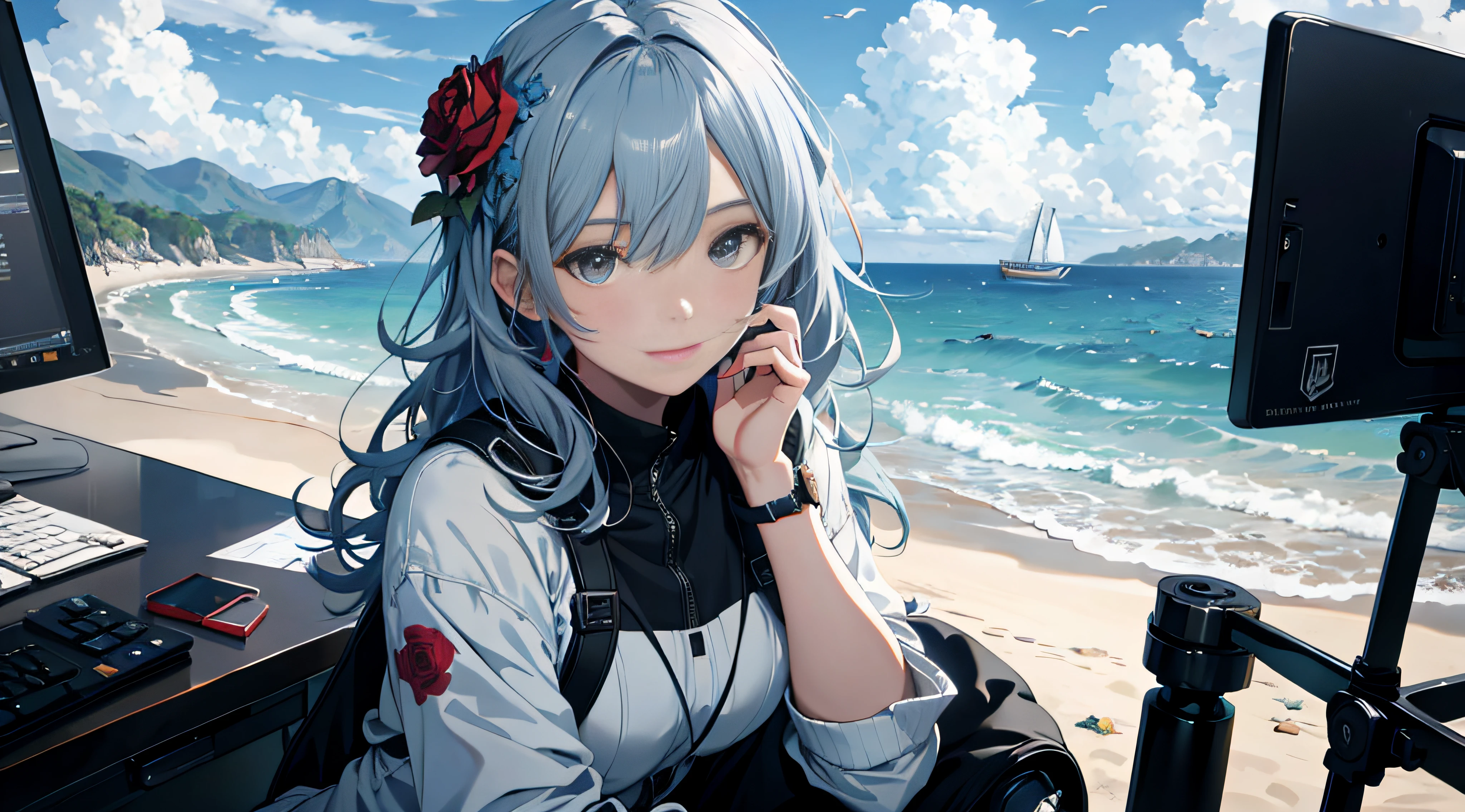 In summer, blue-gray clouds, colorful roses blooming in the sky and sea, CGsociety, changing, rendered by digital art, ultra-wide lenses, at art stations.