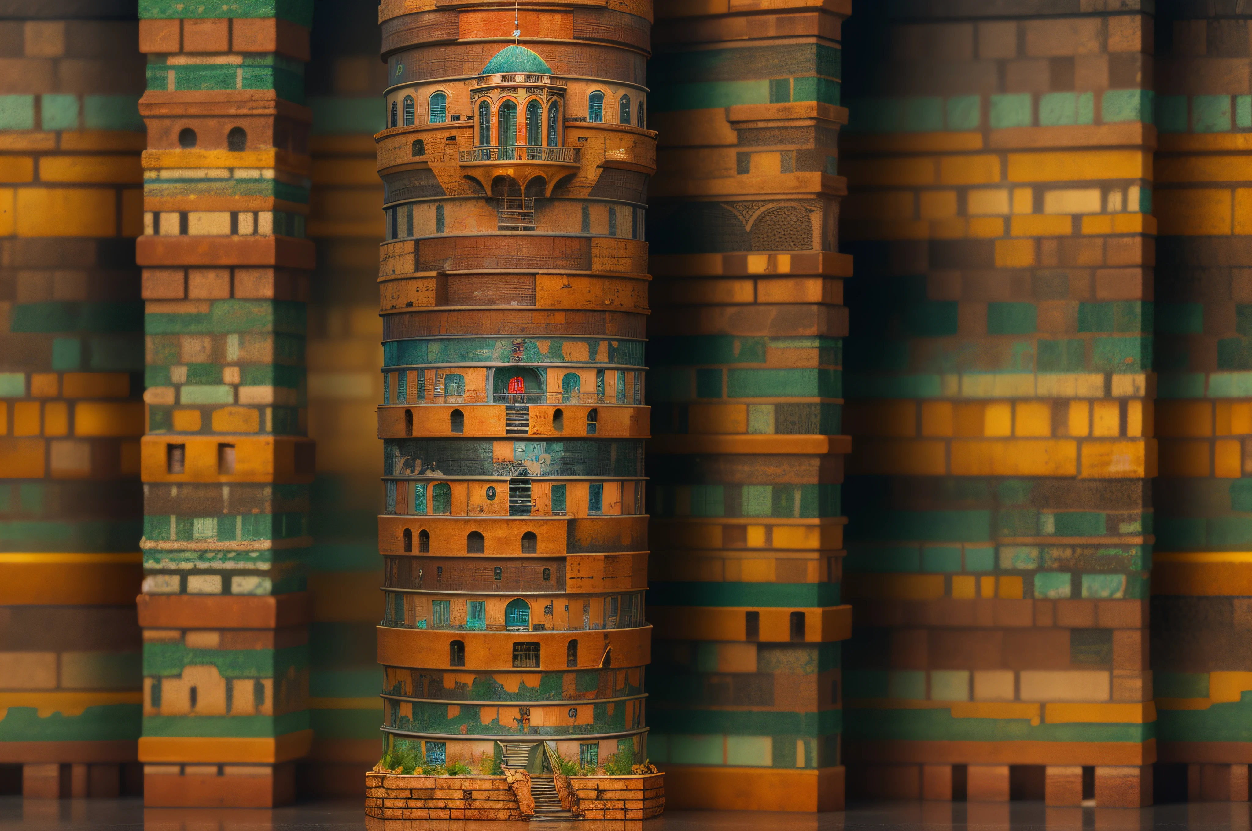 Tower of Babel, burnt amber, deep colors, fluorescent colors, acidwave, byzantine, evil theme, romanticism, wonderland, brick, droste effect photography, landscape photography, 3d, dark fantasy, native art