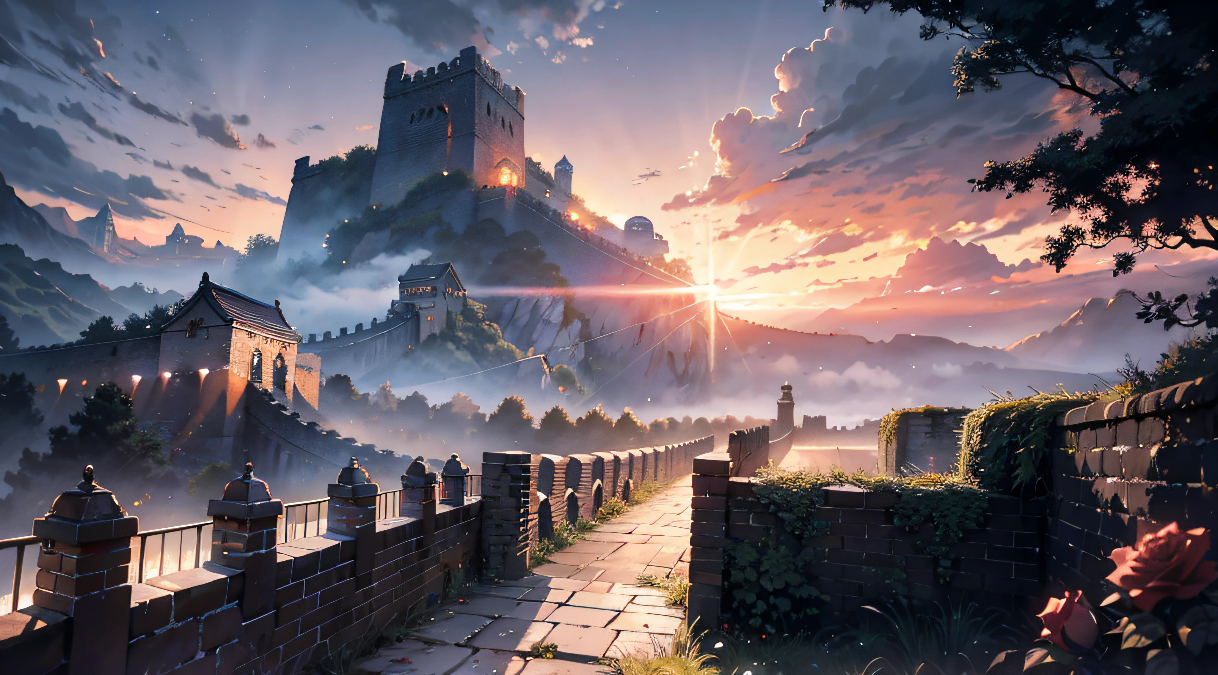 Epic CG matte painting,macro shot,In the garden,The cloudy,red rose,peach blossom,the great wall,star night,in the early morning,Machinary,cleaned up,unreal-engine,Lee madgwick ,Lee madgwick ,art stations