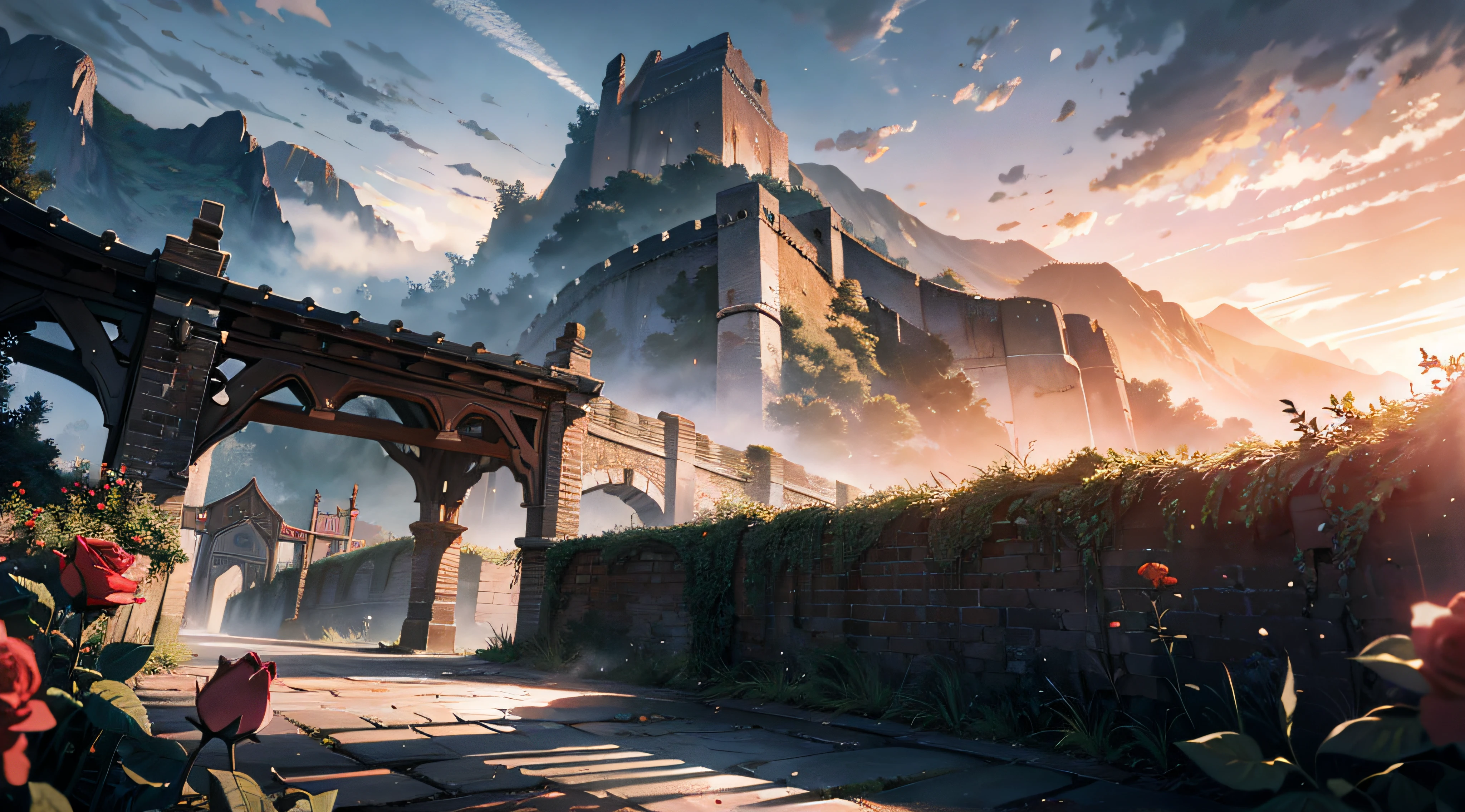 Epic CG matte painting,macro shot,In the garden,The cloudy,red rose,peach blossom,the great wall,star night,in the early morning,Machinary,cleaned up,unreal-engine,Lee madgwick ,Lee madgwick ,art stations