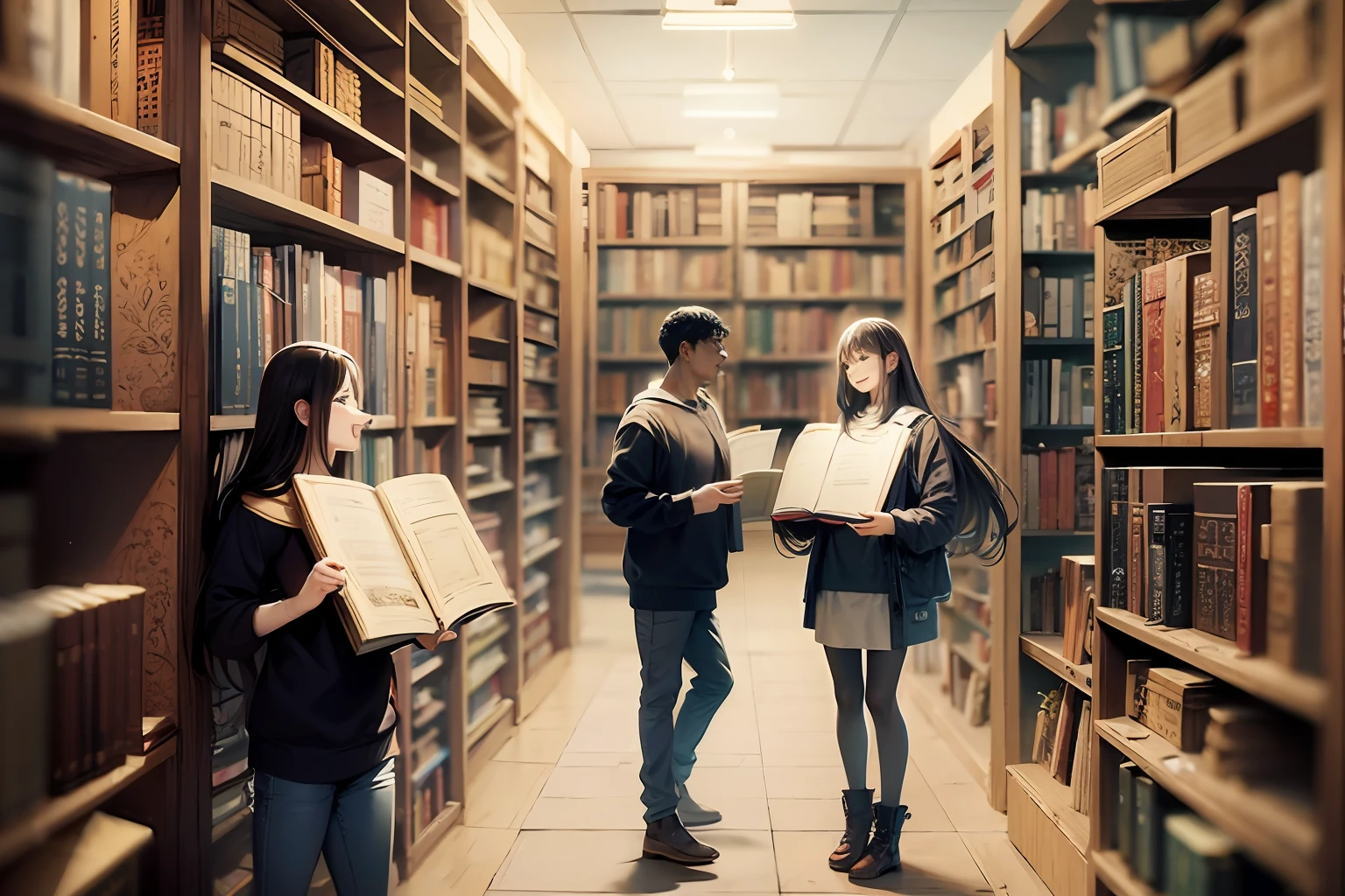 happy people in a bookstore buying books