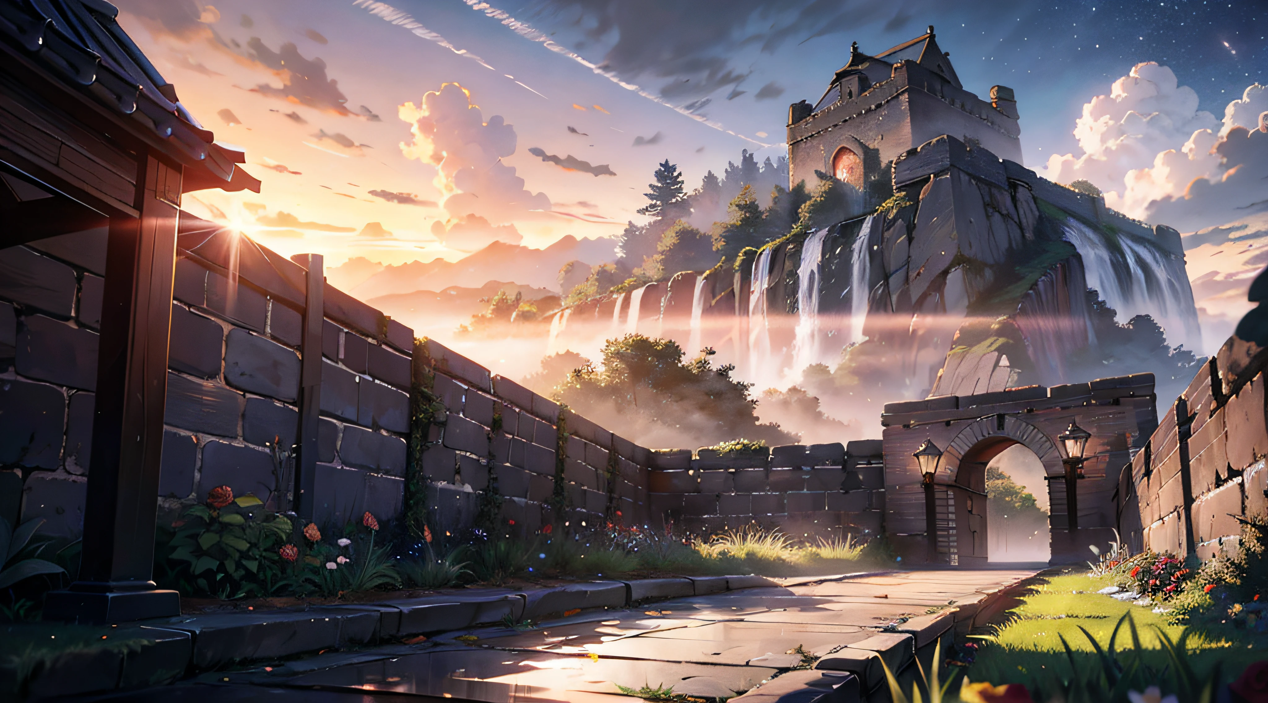 Epic CG matte painting,macro shot,In the garden,The cloudy,red rose,peach blossom,the great wall,star night,in the early morning,Machinary,cleaned up,unreal-engine,Lee madgwick ,Lee madgwick ,art stations
