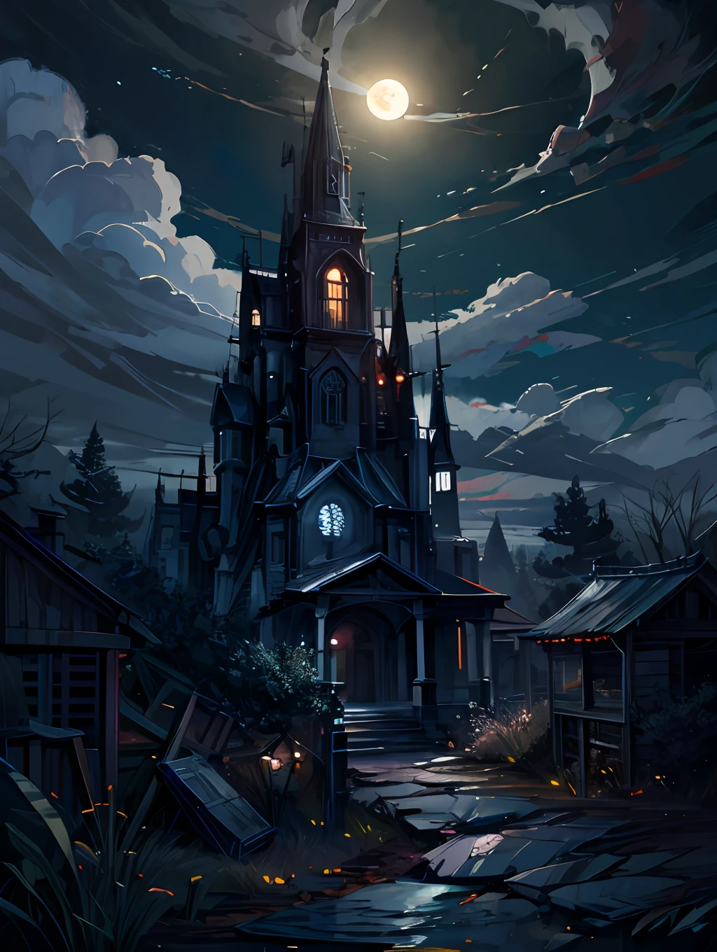 Morning time, twisted old ruin, dark ((forest)), pabel,rock, dried trees spooky vibe, moonlight scenary,mesmerizing view, cloud,digital painting, sun,wind up,concept art, illustration,