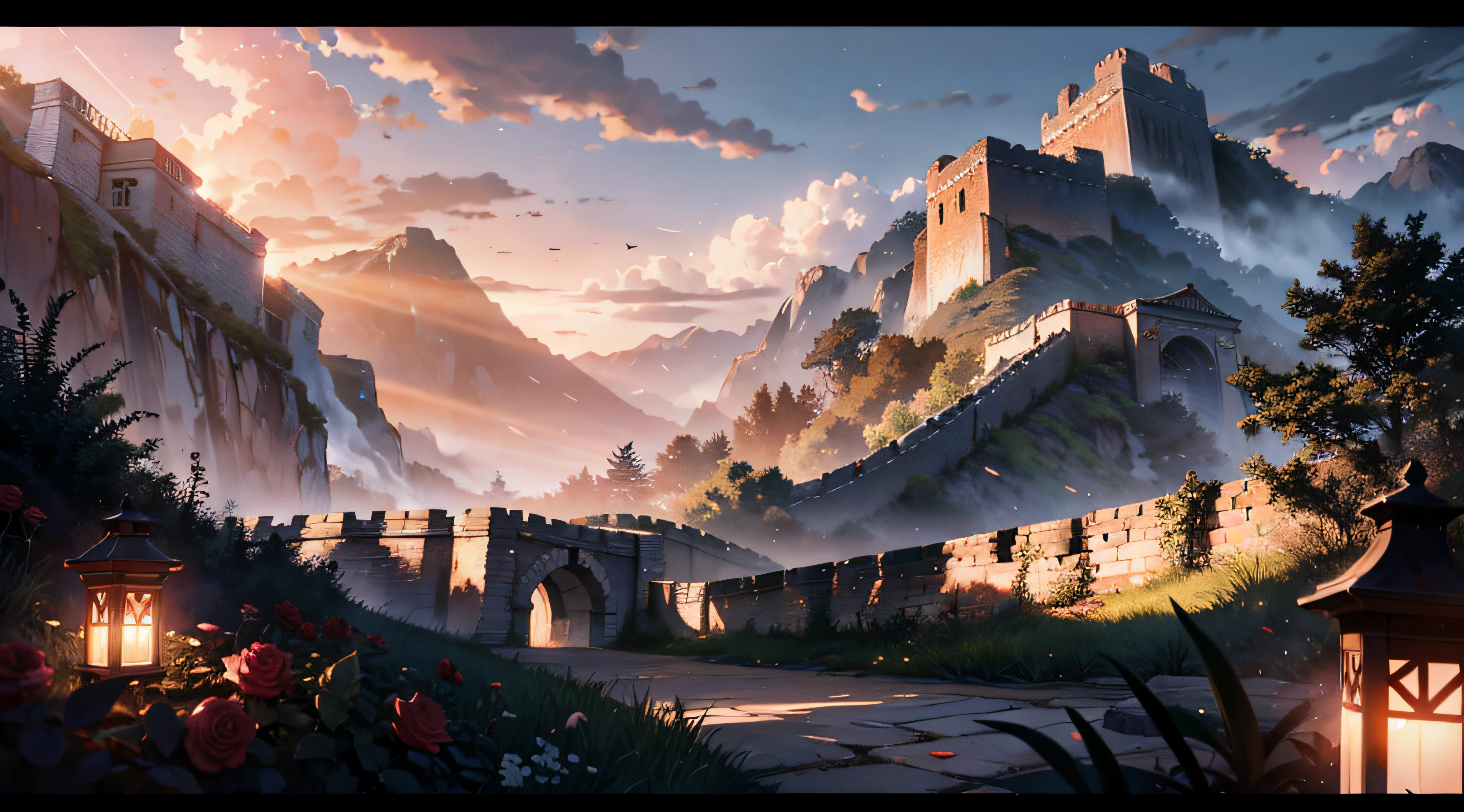 Epic CG matte painting，macro shot，In the garden，The cloudy，red rose，peach blossom，the great wall，star night，in the early morning，Machinary，cleaned up，unreal-engine，Lee madgwick ,Lee madgwick ,art  stations