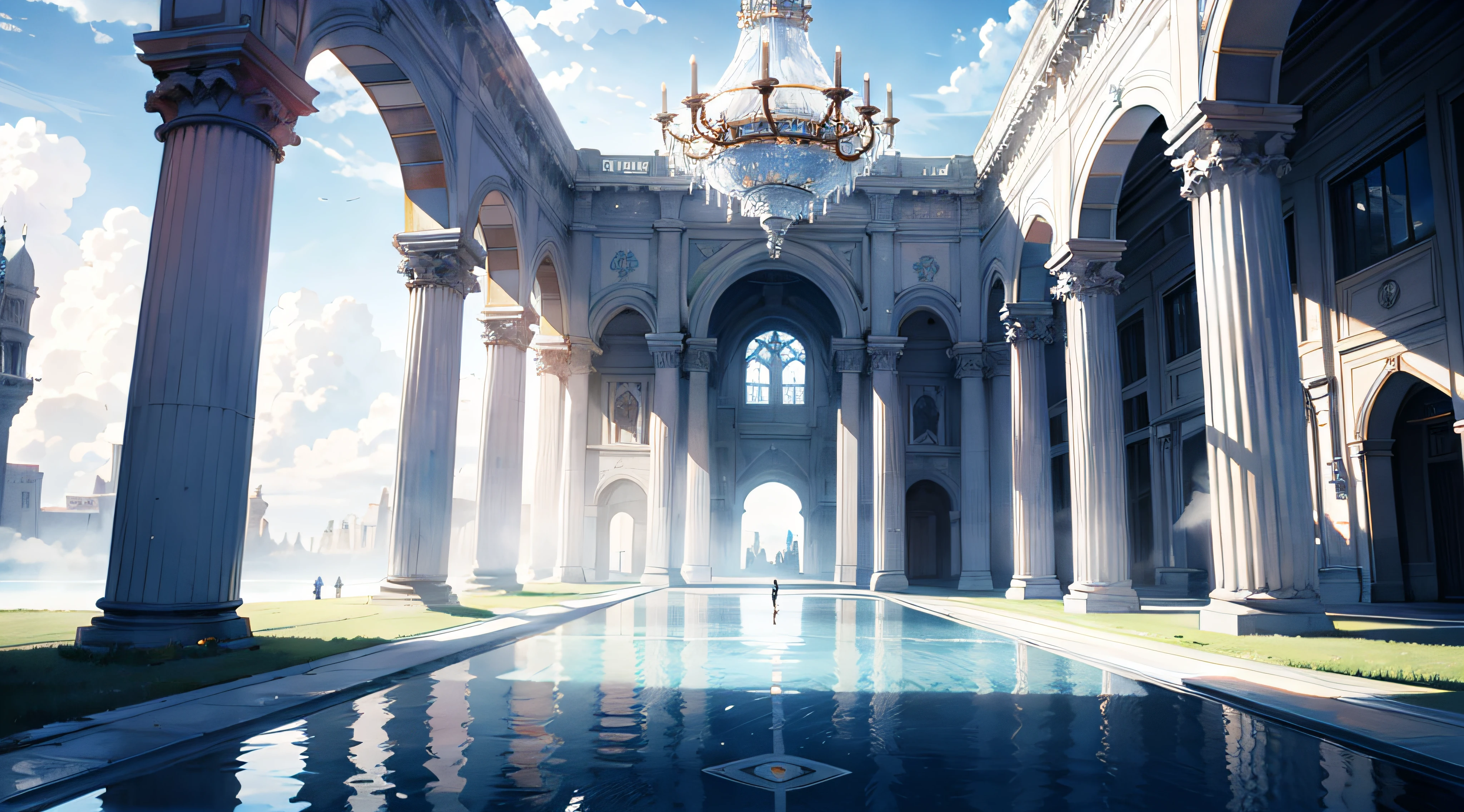 in the early morning,the palace inside the clouds,the pale blue sky,Cyan clouds,Blue lake,Reflectors,Tyndall effect,由Eliseo H.Zubiri和lan Fisher,cgsociety,vary,Maxwell,Ultra-wide lens,4k