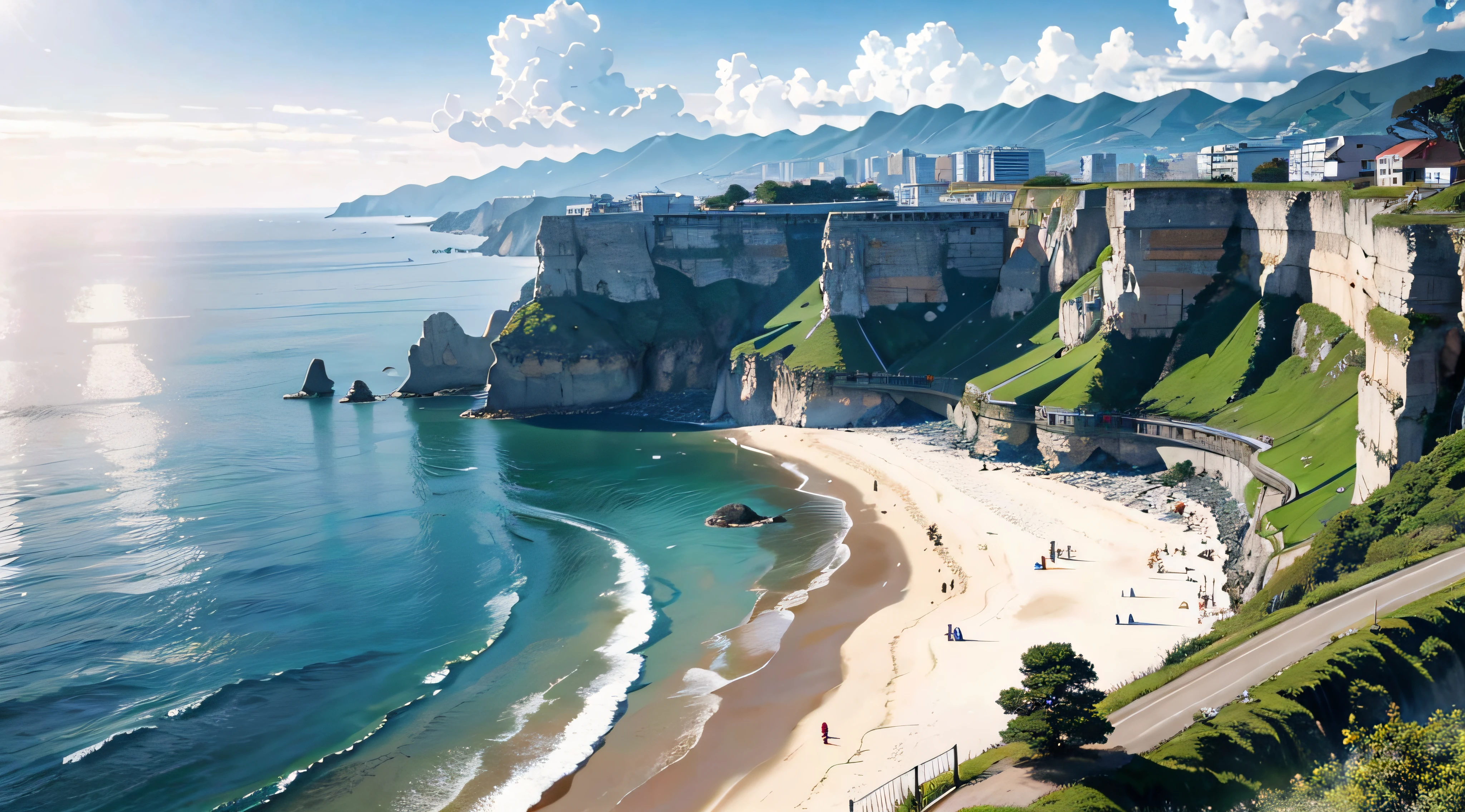 Spectacular sea views:Stand at the top of a cliff,The boundless ocean stretches to the sky,One with the sky。The azure waters shimmer faintly golden in the sunlight,It is a stark contrast to the majesty of the cliffs。Distance,The sea is rough,White waves gently lapping against the shore,Brings a sense of freshness and tranquility。 Beautiful、heal、Scenic blockbuster、Eye protection、freshen、great outdoors、wonderland、wide angles、Leica、ultra-clear、Bright light