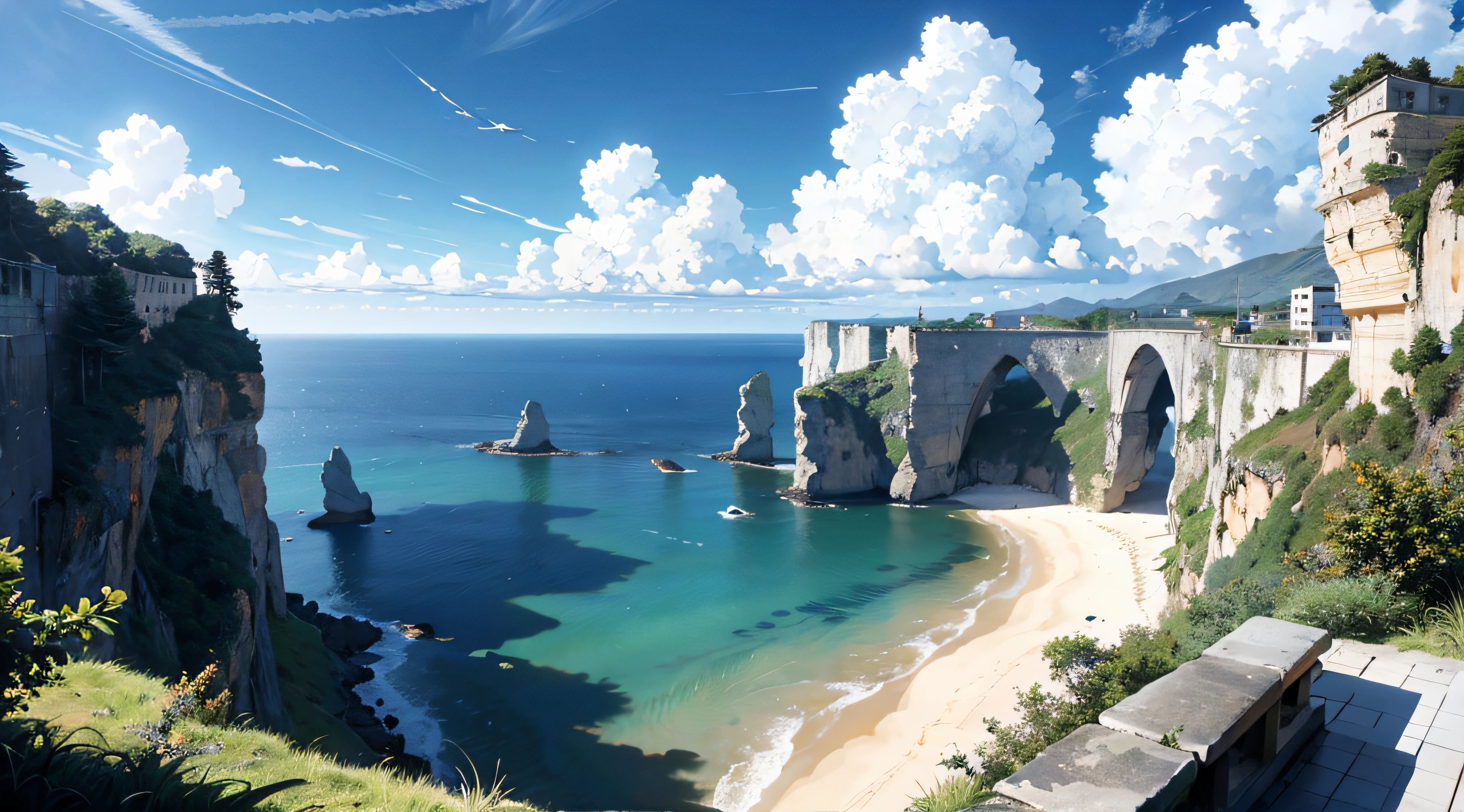 Spectacular sea views：Stand at the top of a cliff，The boundless ocean stretches to the sky，One with the sky。The azure waters shimmer faintly golden in the sunlight，It is a stark contrast to the majesty of the cliffs。Distance，The sea is rough，White waves gently lapping against the shore，Brings a sense of freshness and tranquility。	Beautiful、heal、Scenic blockbuster、Eye protection、freshen、great outdoors、wonderland、wide angles、Leica、ultra-clear、Bright light