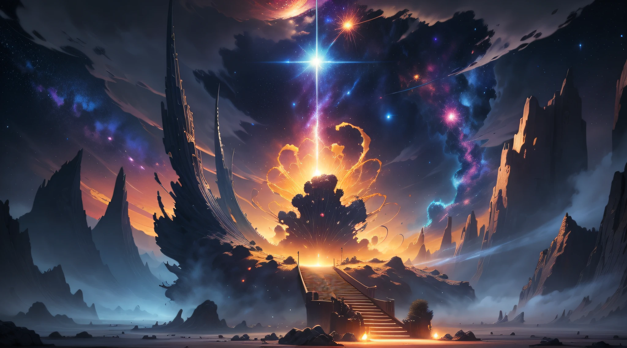 an anthill on the tardis dimension, looking into the infinite length of the universe, endless galaxies, dangerous black holes, exploding super novas, floating stars, endless staircases, starry nebulae, disturbing, cinematic atmosphere, negative dark mode, matrix atmosphere, swirling digital code with cloudstorm van gogh