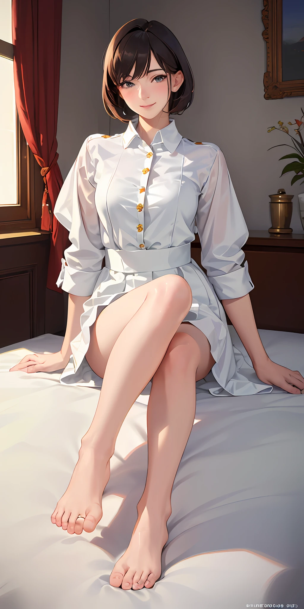 (8K, Best quality, Masterpiece:1.2), (Realistic, photo-realistic:1.37), Ultra-detailed, 
1 girl,Cute, Solo,Beautiful detailed sky,Detailed Cafe,Sitting,dated,(nose blush),(Smile:1.15),(Closed mouth) Small breasts,Beautiful detailed eyes,(Collared shirt:1.1), white  shirt, pleatedskirt，Black collar，blackstockings，White lace, Beautiful feet，The buttons burst open
(short detailed hair:1.2),Floating hair ,NovaFrogStyle,,White skin,Cinematic light,Bedrooms，onbed