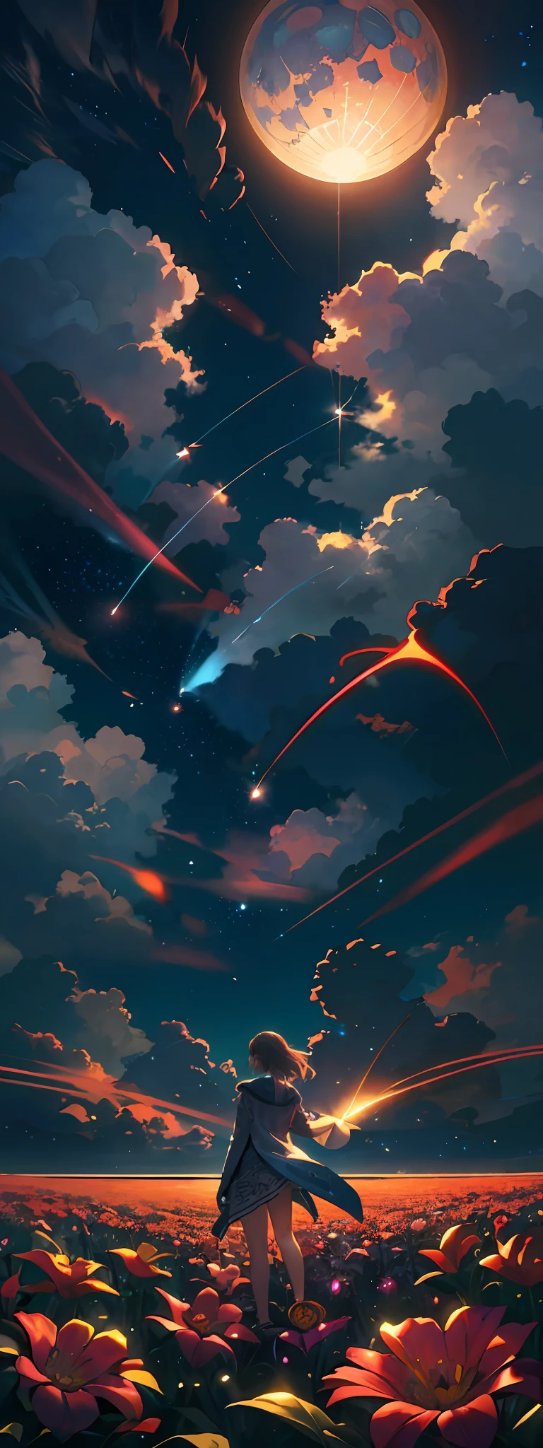 expansive landscape photograph , (a view from below that shows sky above and open field below), a girl standing on flower field looking up, bright sunny day (clouds:1.2), distant mountain, tree BREAK
production art, lot of purple and orange, intricate details, volumetric lighting, realism BREAK
(masterpiece:1.2), detailed shadows, (best quality), 4k, ultra-detailed, (dynamic composition:1.4), highly detailed, colorful details,( iridescent colors:1.2), (glowing lighting, atmospheric lighting), dreamy, magical, (solo:1.2)