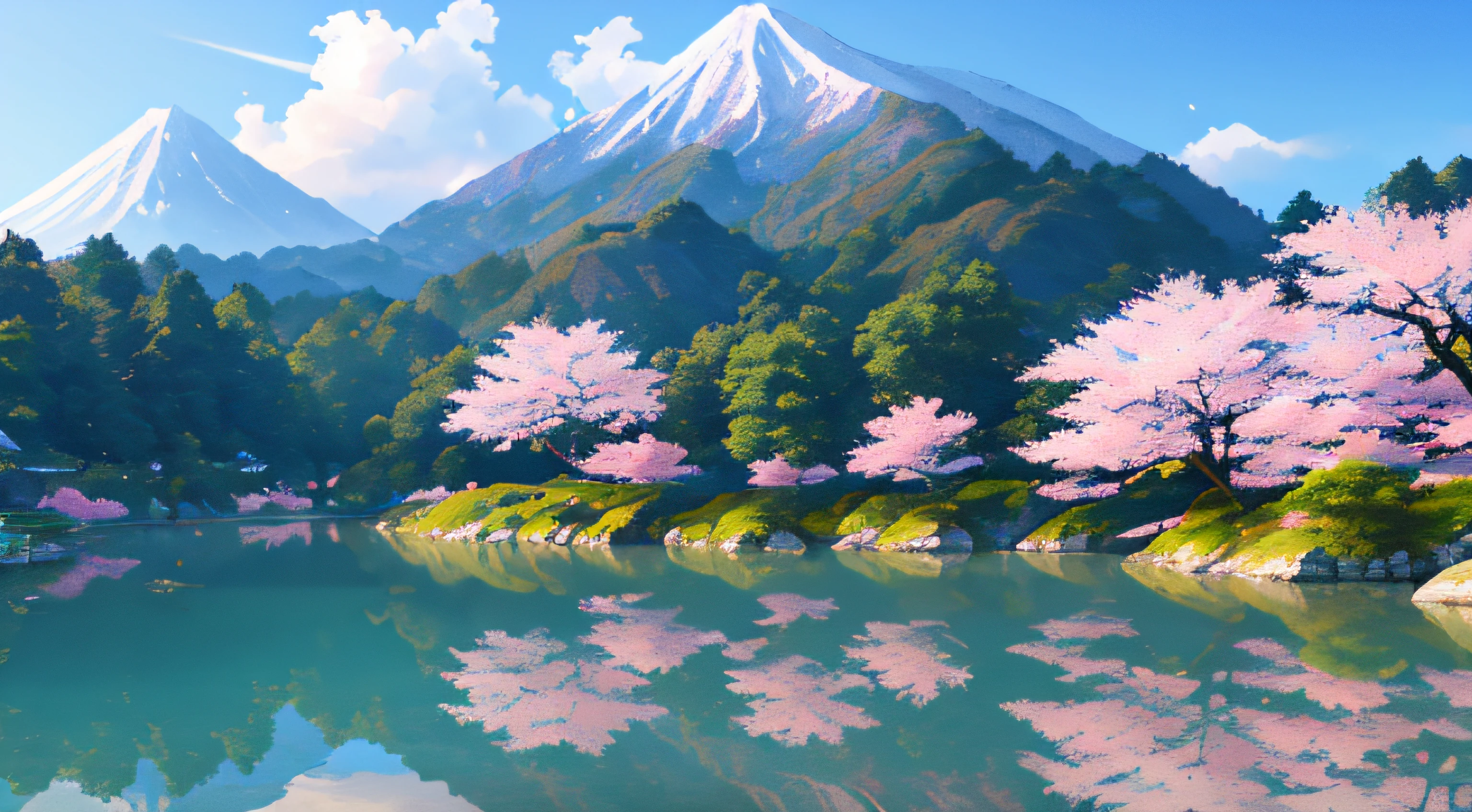 A hyper-realistic CG rendering of ancient Japan，lakes，peaceful scenery，Cherry blossom forest，Pink cherry blossoms，Ivan Aivazovsky，Lighting in volume，blue-sky，baiyun，Blue water，Green leaves in art station trend，Top +ultra-wide-angle，4K