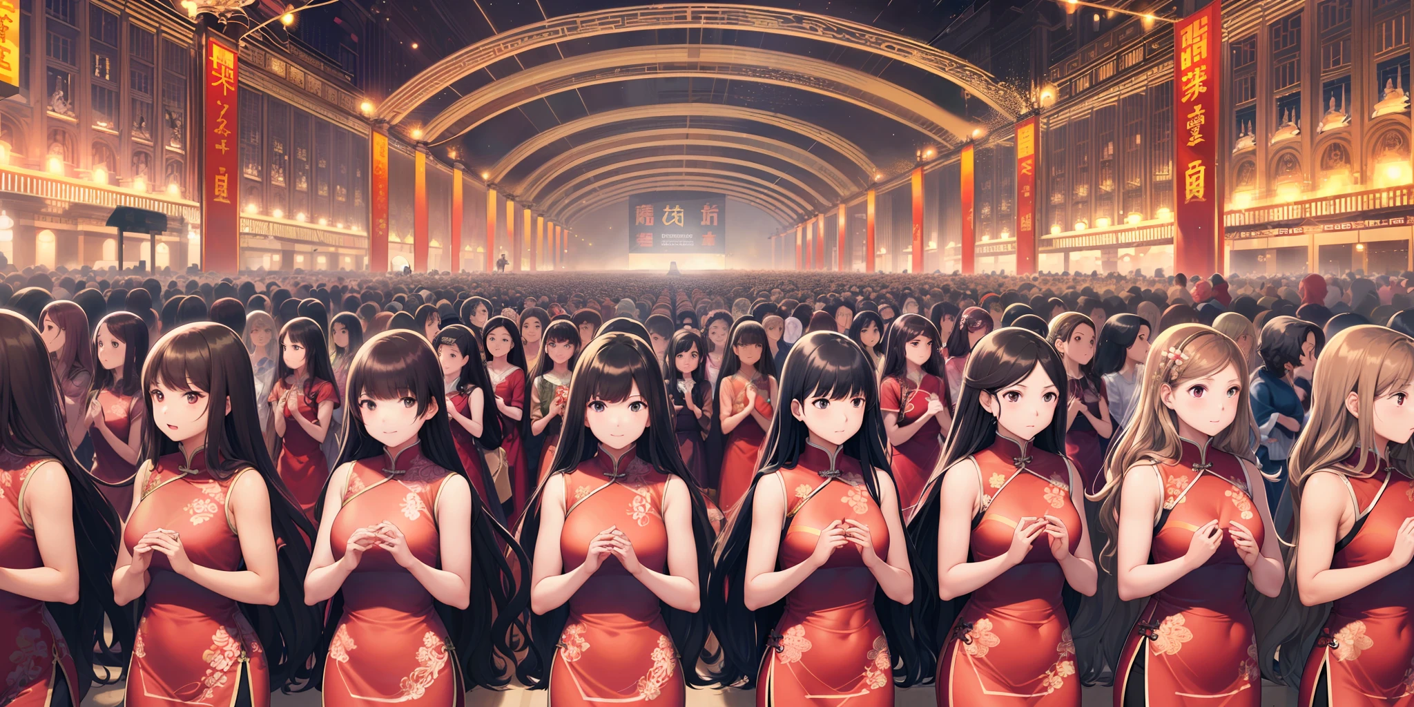 ((Thousands of, millions of, crowd of)), 100girls,crowded, long hair, brown hair, curly hair, hazel eyes,chinese dress, red dress, sleeveless, sexy, large group of girls, girls standing in formation, only girls, sisters, identical dresses, matching dresses, looking at viewer