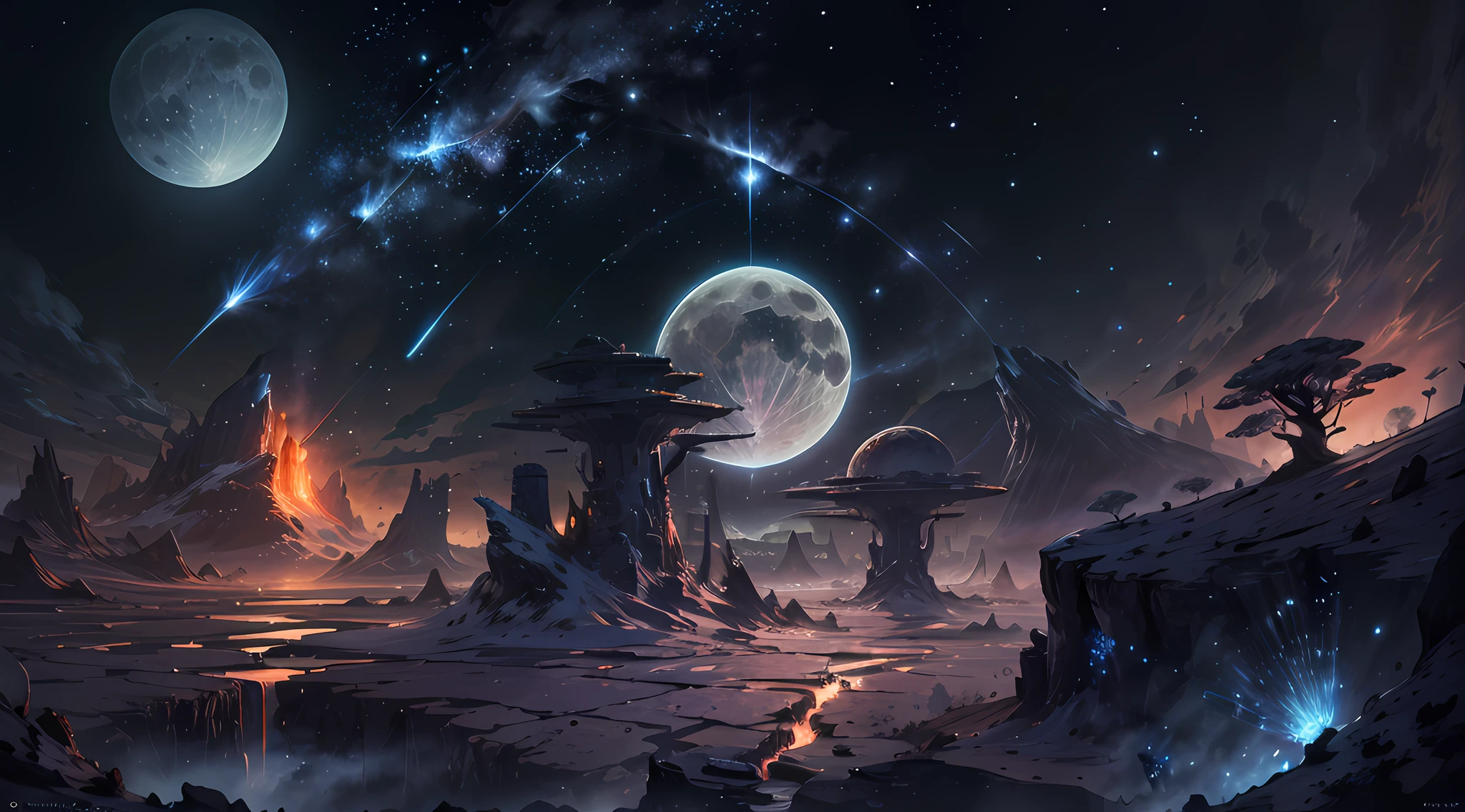 expansive landscape photography, (a view from below showing the sky above and the open field below), (full moon: 1.2), (shooting stars: 0.9), (nebula: 1.3), distant mountain, tree BREAK production art, (hot light source: 1.2), (Firefly: 1.2), lamp, very orange, very purple, complex details, volumetric lighting, realism BREAK (masterpiece: 1.2), (best quality), 4k, ultra-detailed, (dynamic composition: 1.4), highly detailed, colorful details, (iridescent colors: 1.2), (bright lighting, atmospheric lighting), dreamy, magical, (solo: 1.2)