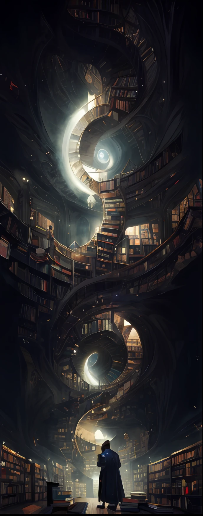 arafed image of a man standing in a library with books, endless books, borne space library artwork, books cave, fantasy book illustration, spiral shelves full of books, infinite celestial library, an eternal library, gothic epic library concept, magic library, japanese sci - fi books art, beeple and jean giraud, books all over the place