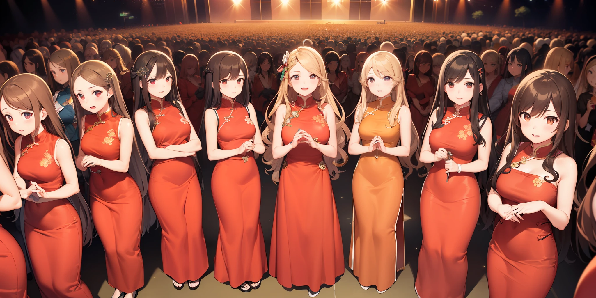((Thousands of, millions of, crowd of)), 100girls,crowded, long hair, brown hair, curly hair, hazel eyes,chinese dress, red dress, sleeveless, sexy, large group of girls, girls standing in formation, only girls, sisters, identical dresses, matching dresses, looking at viewer