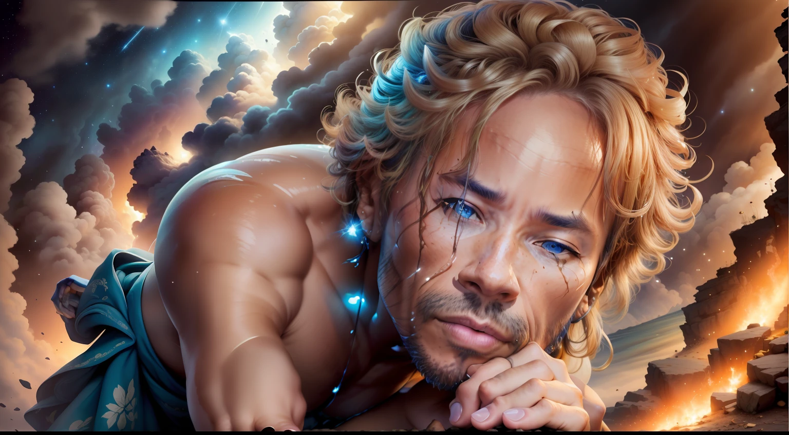 Arcanjo Miguel, figura masculina, envolto em uma bata azul simples, asas branas e azuis, cabelos loiros, aparentando 45 anos de idade, (((descending from the heavens in the midst of the clouds))), visual celestial, full-length, perfeitamente estruturado, aquarela, um homem de 45 anos de idade, Blue dress bathed in starlight, luzes no ar, formas fluidas finas, sublime, detalhes intrincados, headroom, feito no photoshop, dynamic scene, alto detalhe, high-res, cores vivas, explosion of colors, composite lighting, sombras suaves, good composition, bem desenhado, clear, foco clear, bonito, tela inicial