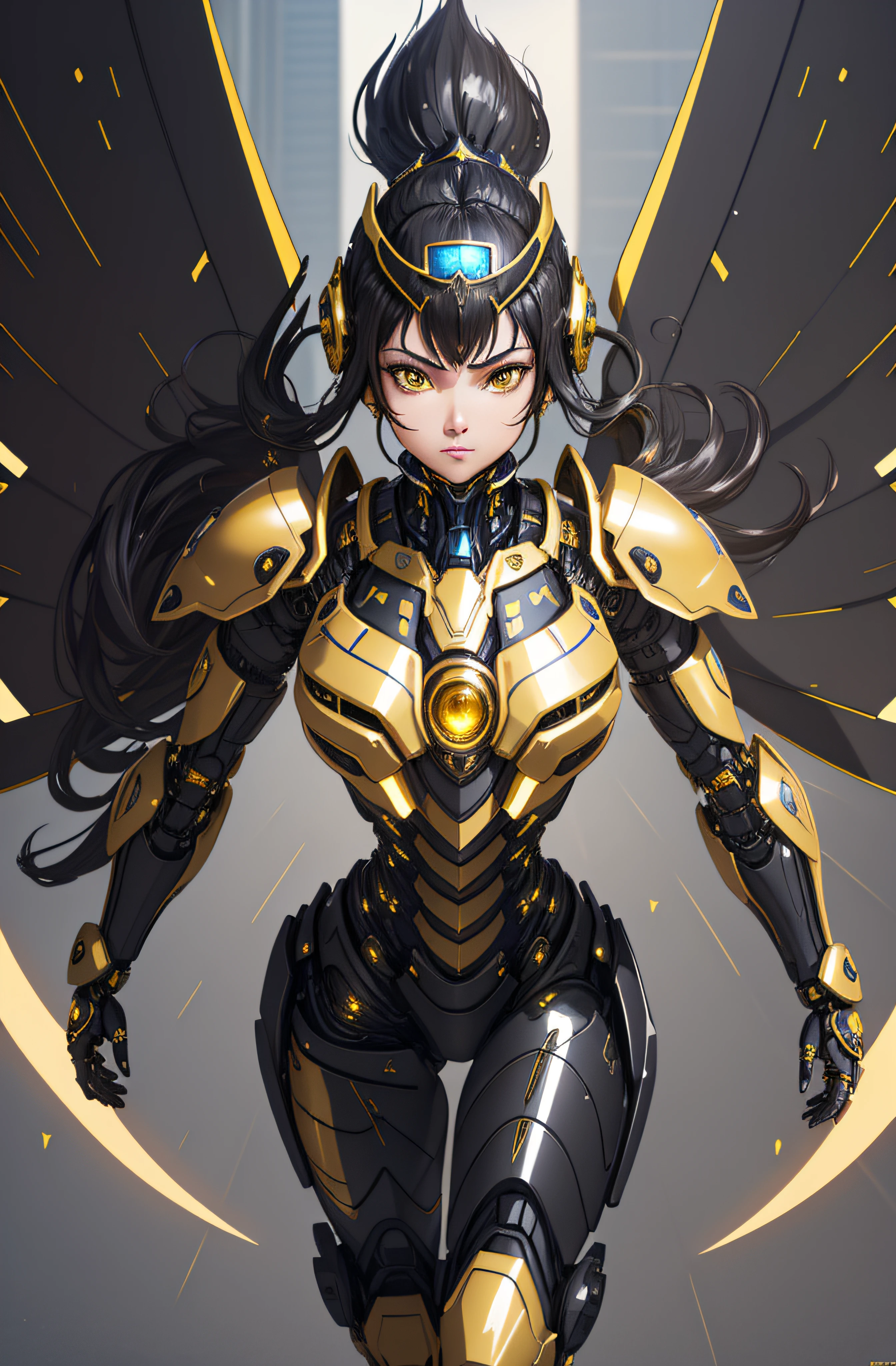 (Super elaborate CG Unity 8K wallpaper, masterpiece, highest quality): (Dynamic Angle, Solo, 1 beautiful black Girl, Yellow cyborg armor in the style of police uniform, sparkly brown eyes, black hair)