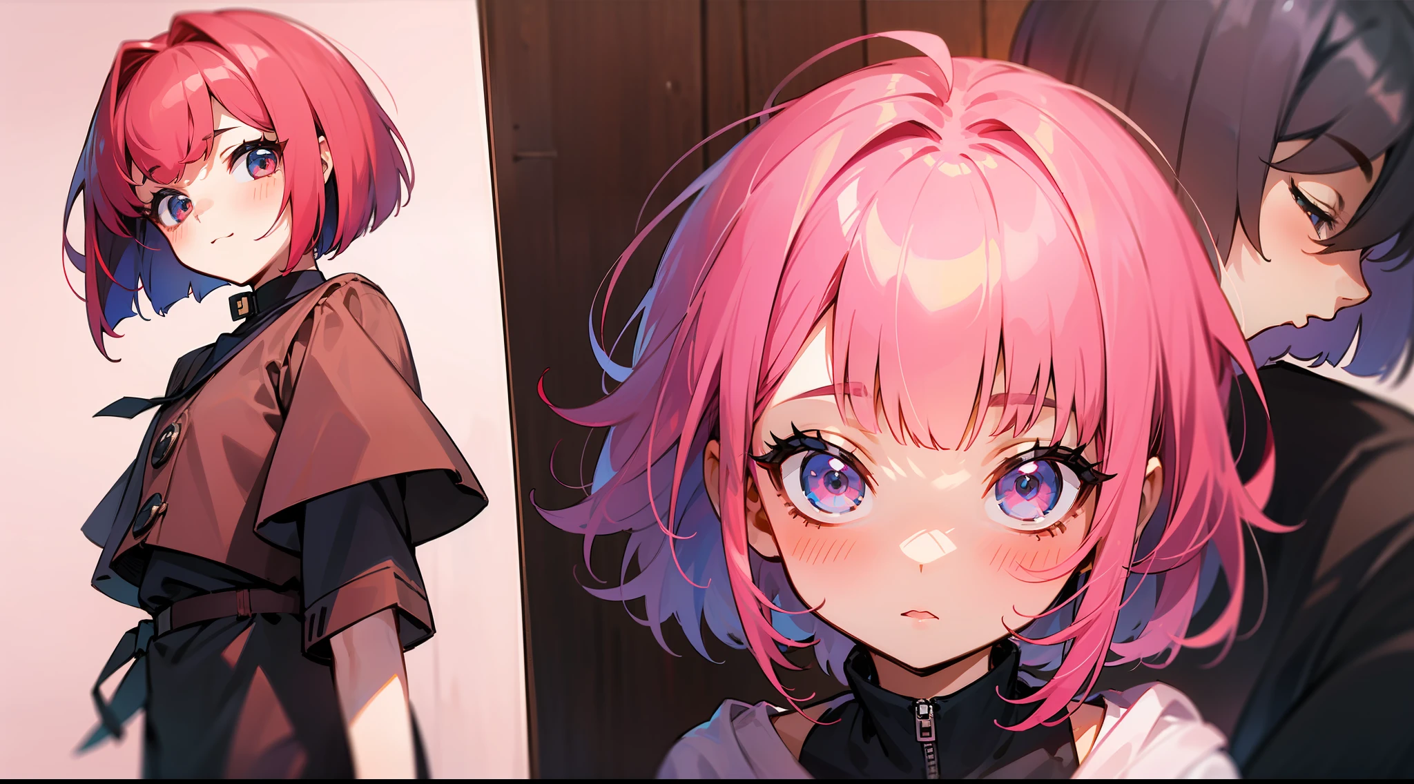 a couple(1ember、1female pervert)、Man with short cut hair(Red hair)、Children's girl with bob cut hair(A pink-haired)、trending on pixiv、kawaii、pastels、discord